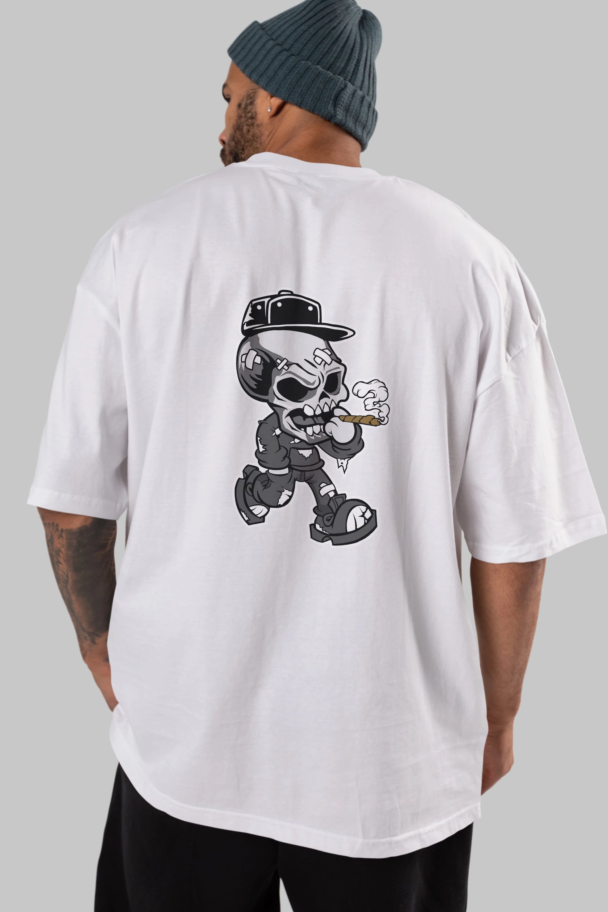 Skull Smoker Arka Baskılı Oversize t-shirt Erkek Kadın Unisex %100 Pamuk tişort