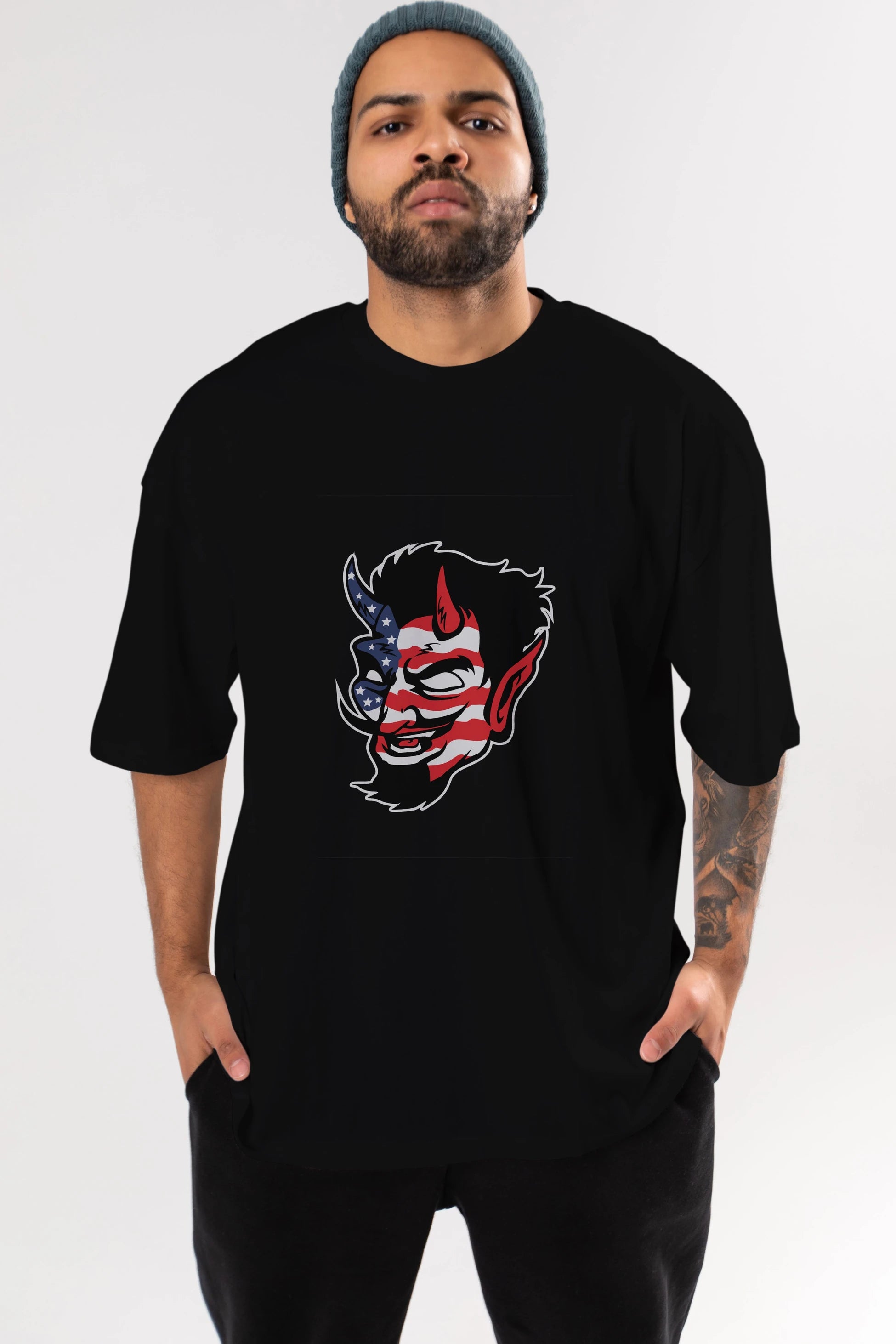 American Devil Ön Baskılı Oversize t-shirt Erkek Kadın Unisex %100 Pamuk tişort