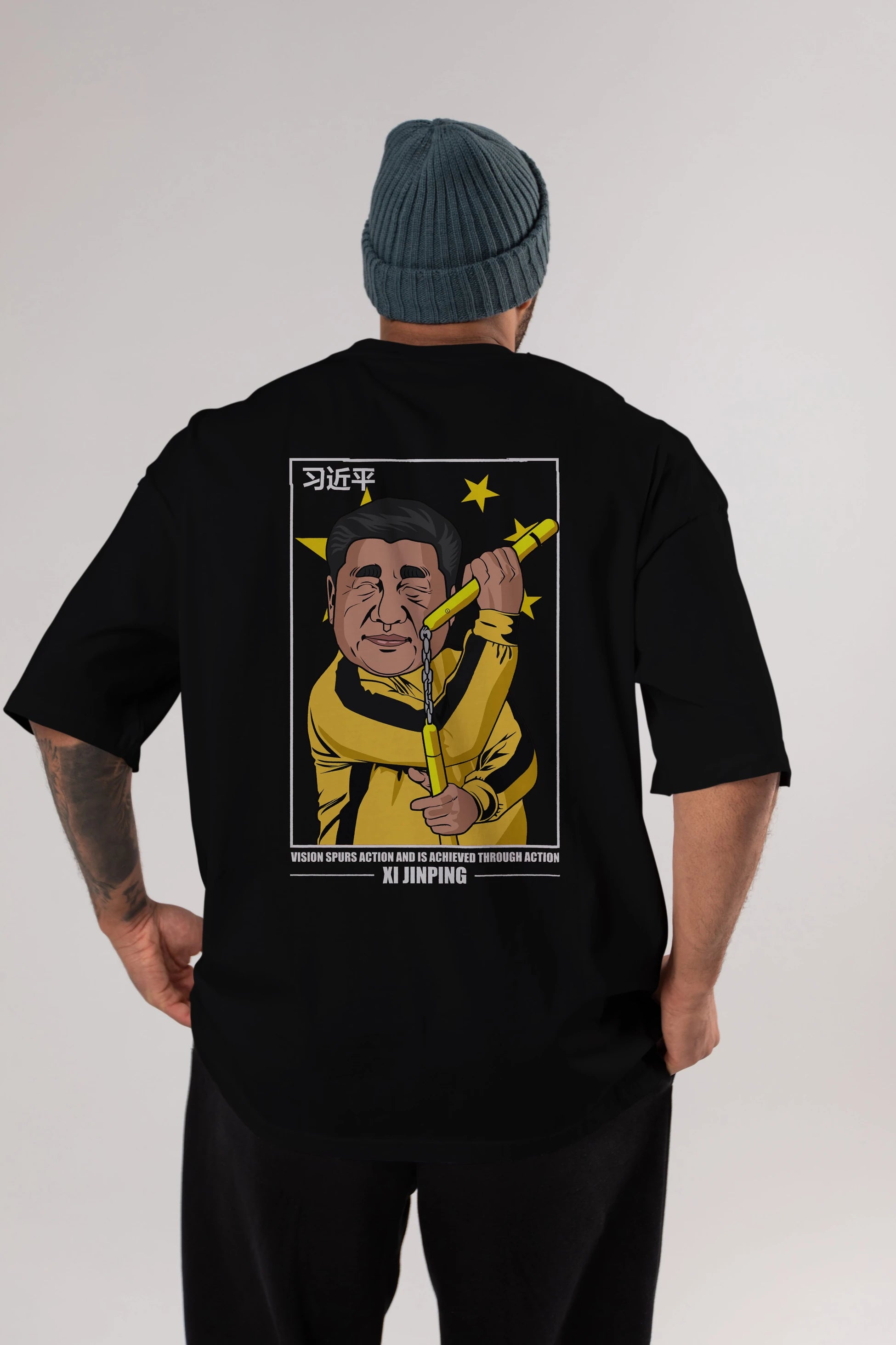 Xi Jinping Bruce Lee Arka Baskılı Oversize t-shirt Erkek Kadın Unisex %100 Pamuk tişort