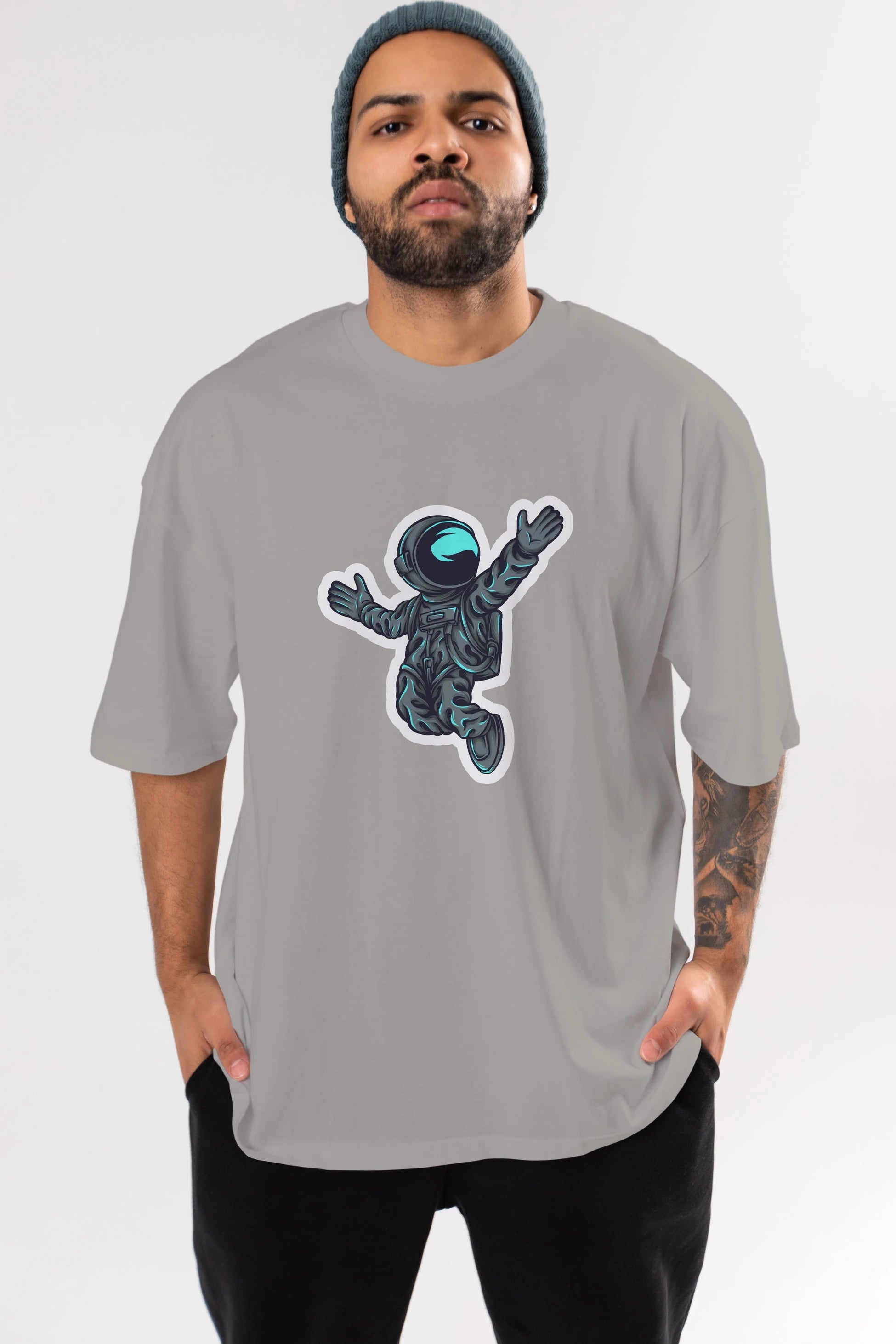 Happy Astronaut Sticker Ön Baskılı Oversize t-shirt Erkek Kadın Unisex