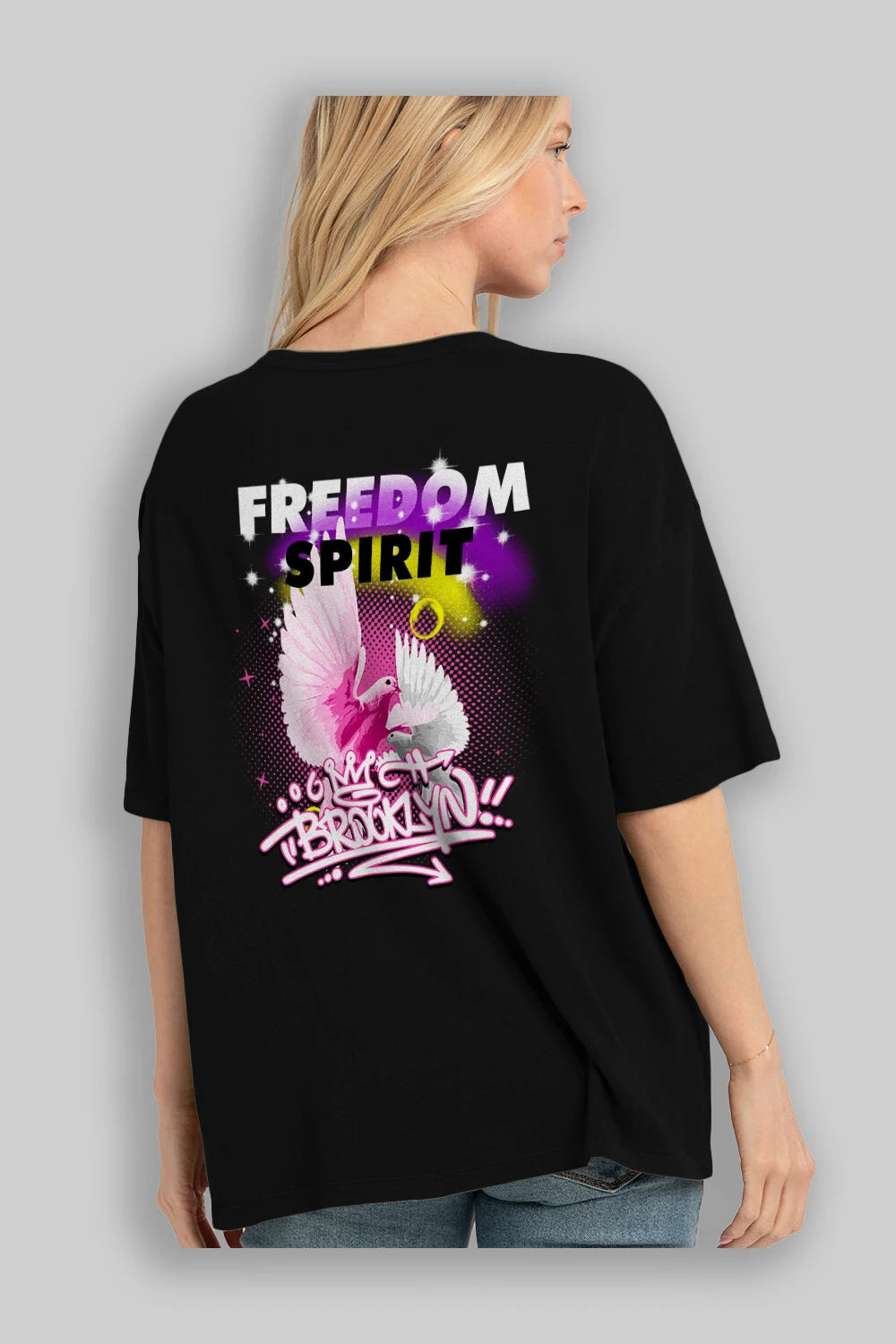 Freedom Spirit Brooklyn Arka Baskılı Oversize t-shirt Erkek Kadın Unisex