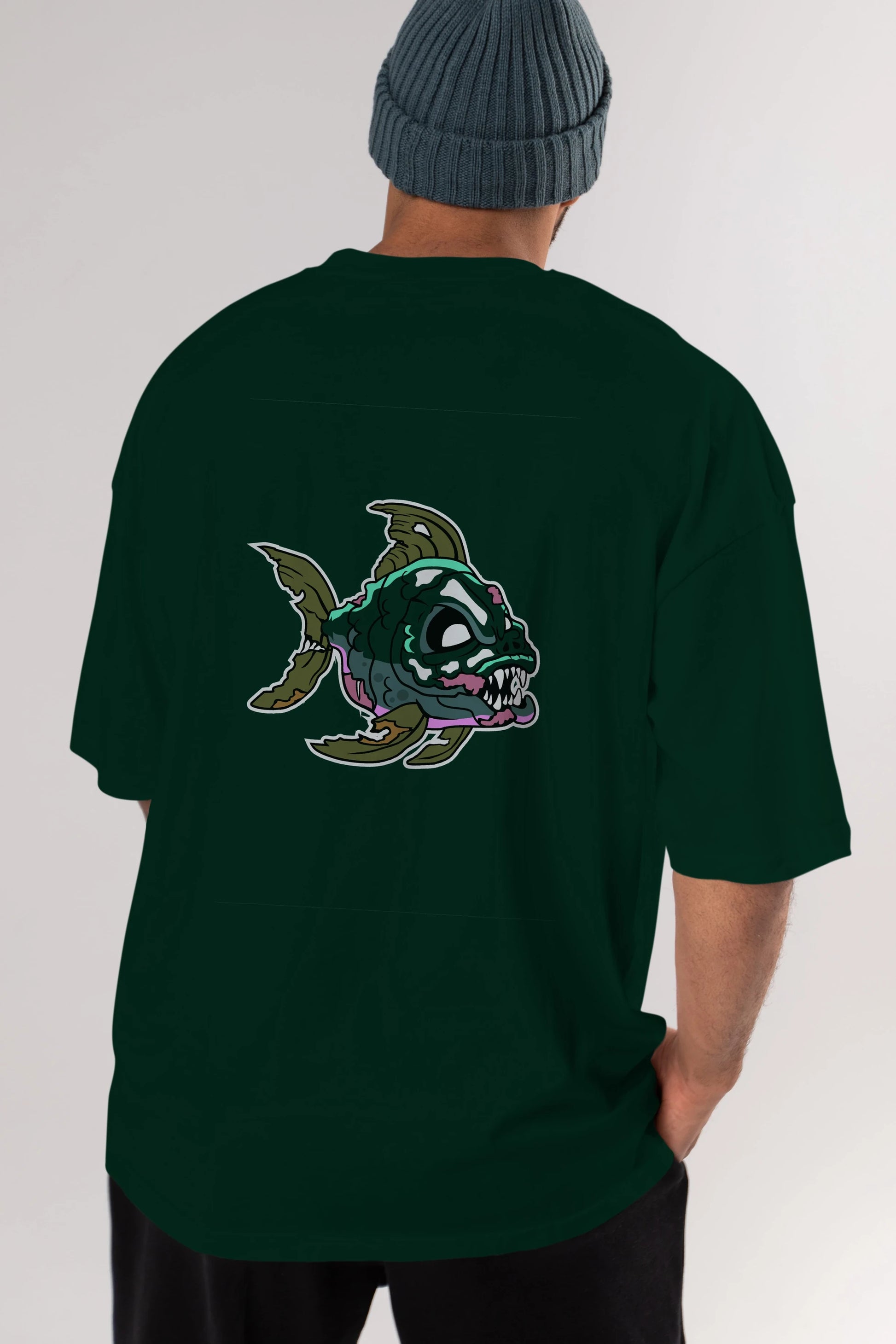 Fish Monster Arka Baskılı Oversize t-shirt Erkek Kadın Unisex %100 Pamuk tişort