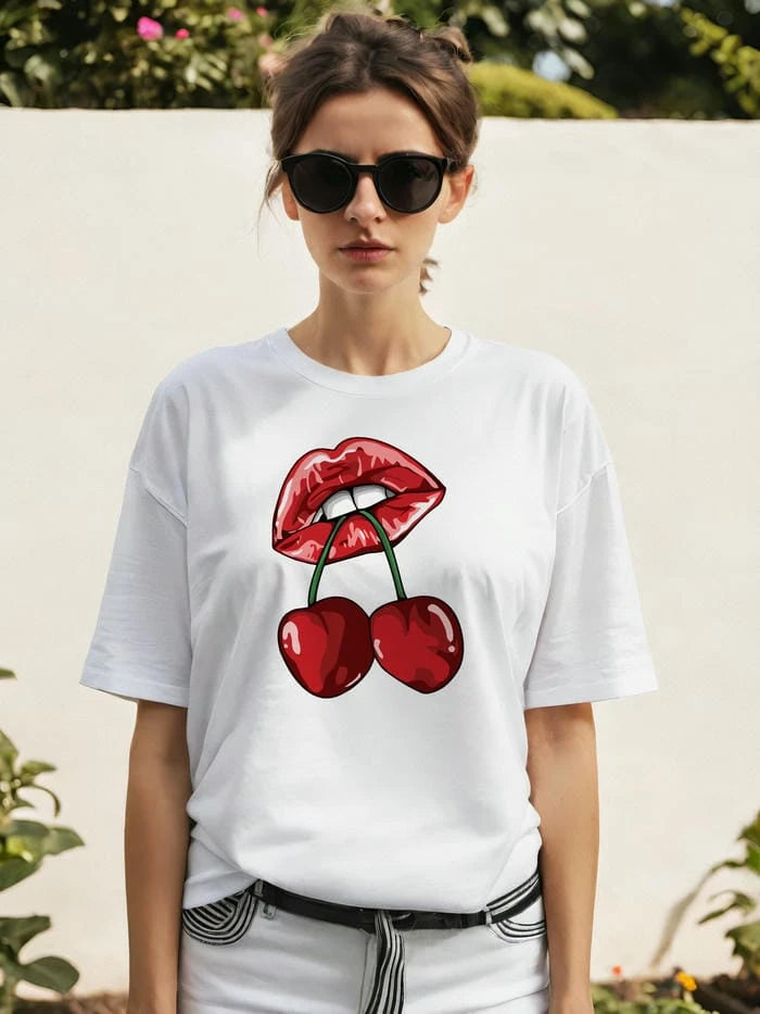 Cherry Cherries 11 Ön Baskılı Oversize t-shirt Erkek Kadın Pamuk Bisiklet Yaka tişort