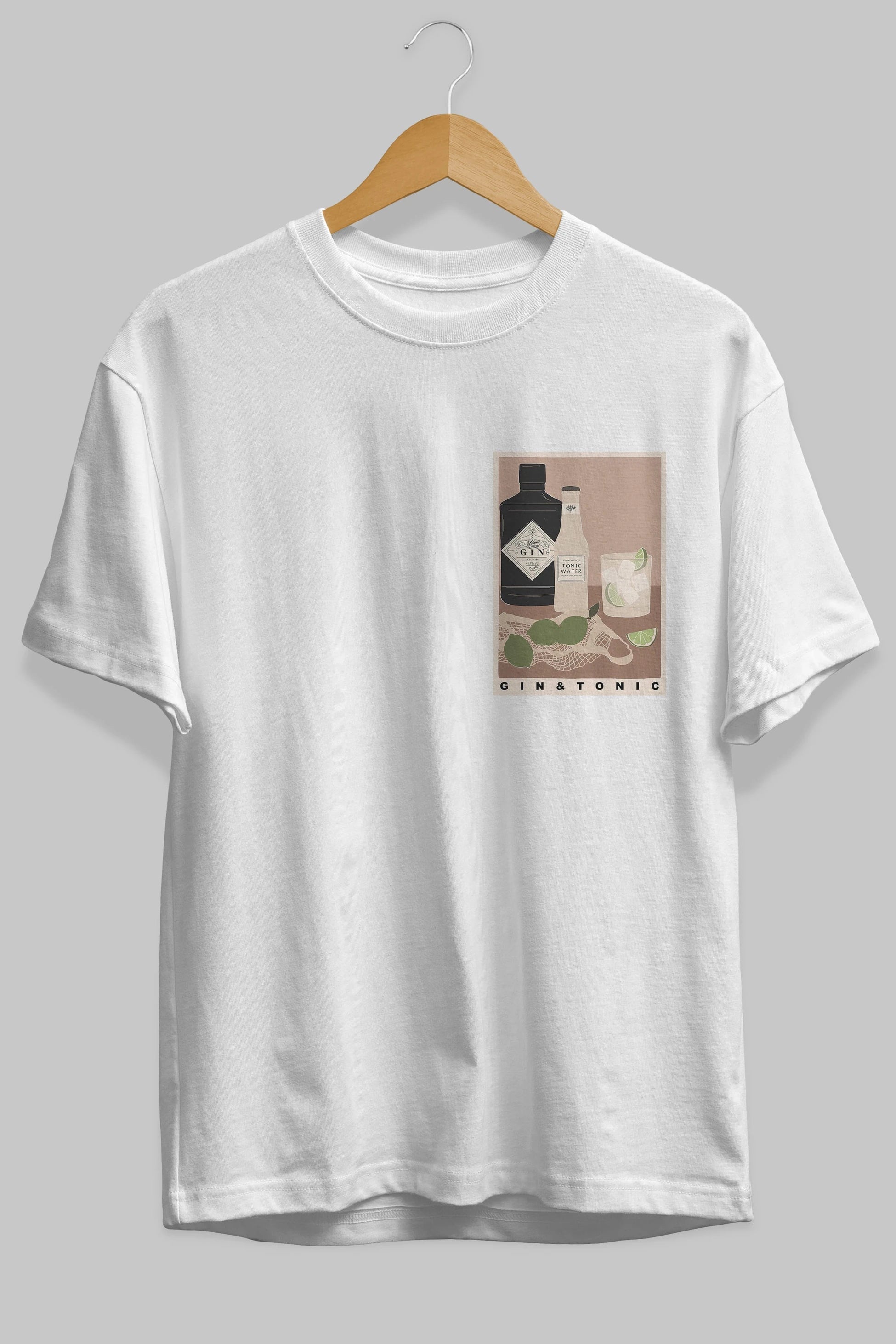 Gin Tonic Ön Sol Baskılı Oversize t-shirt Erkek Kadın Unisex %100 Pamuk Bisiklet Yaka tişort