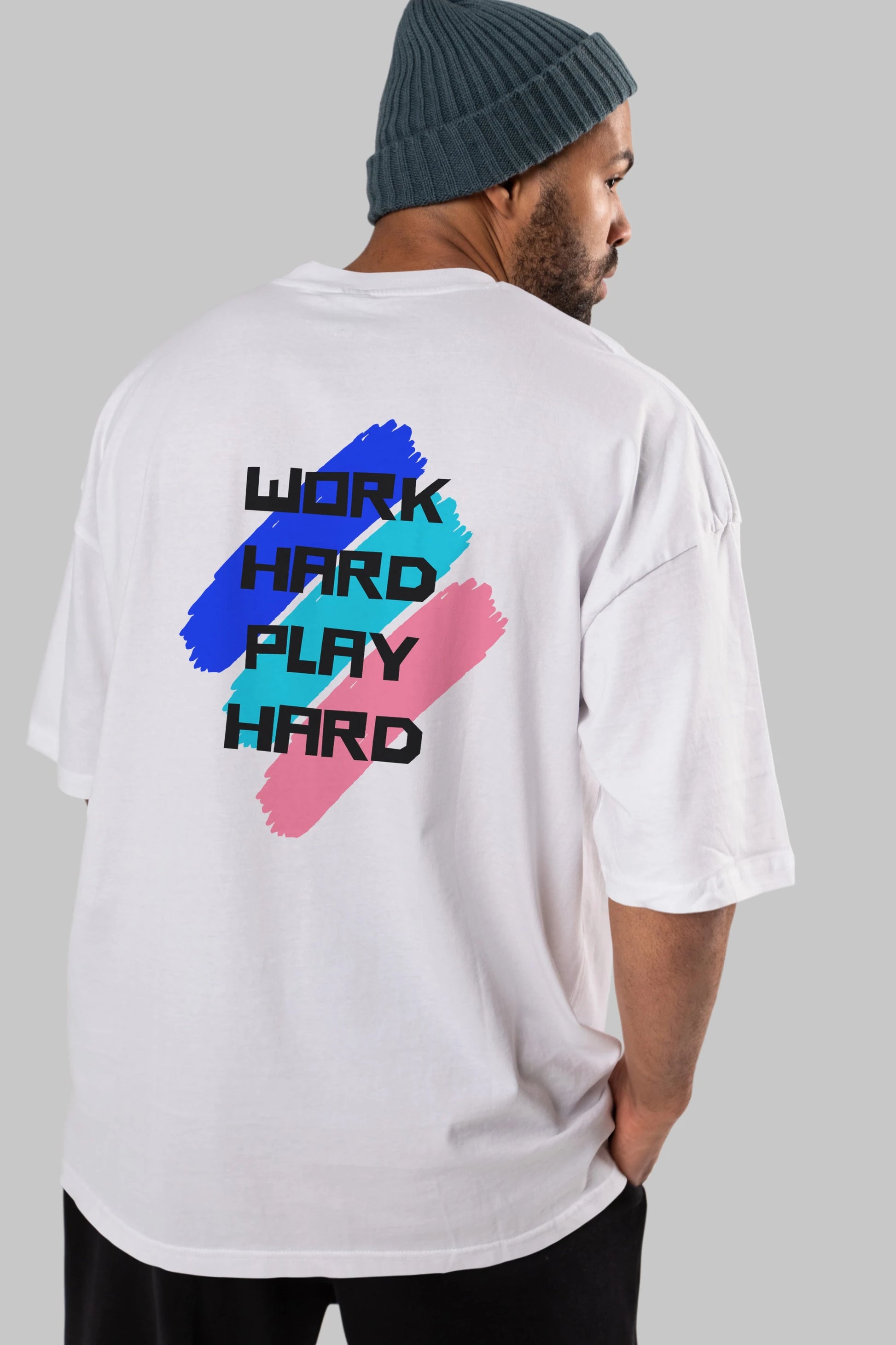 Work Hard Play Hard 2 Arka Baskılı Oversize t-shirt Erkek Kadın Unisex