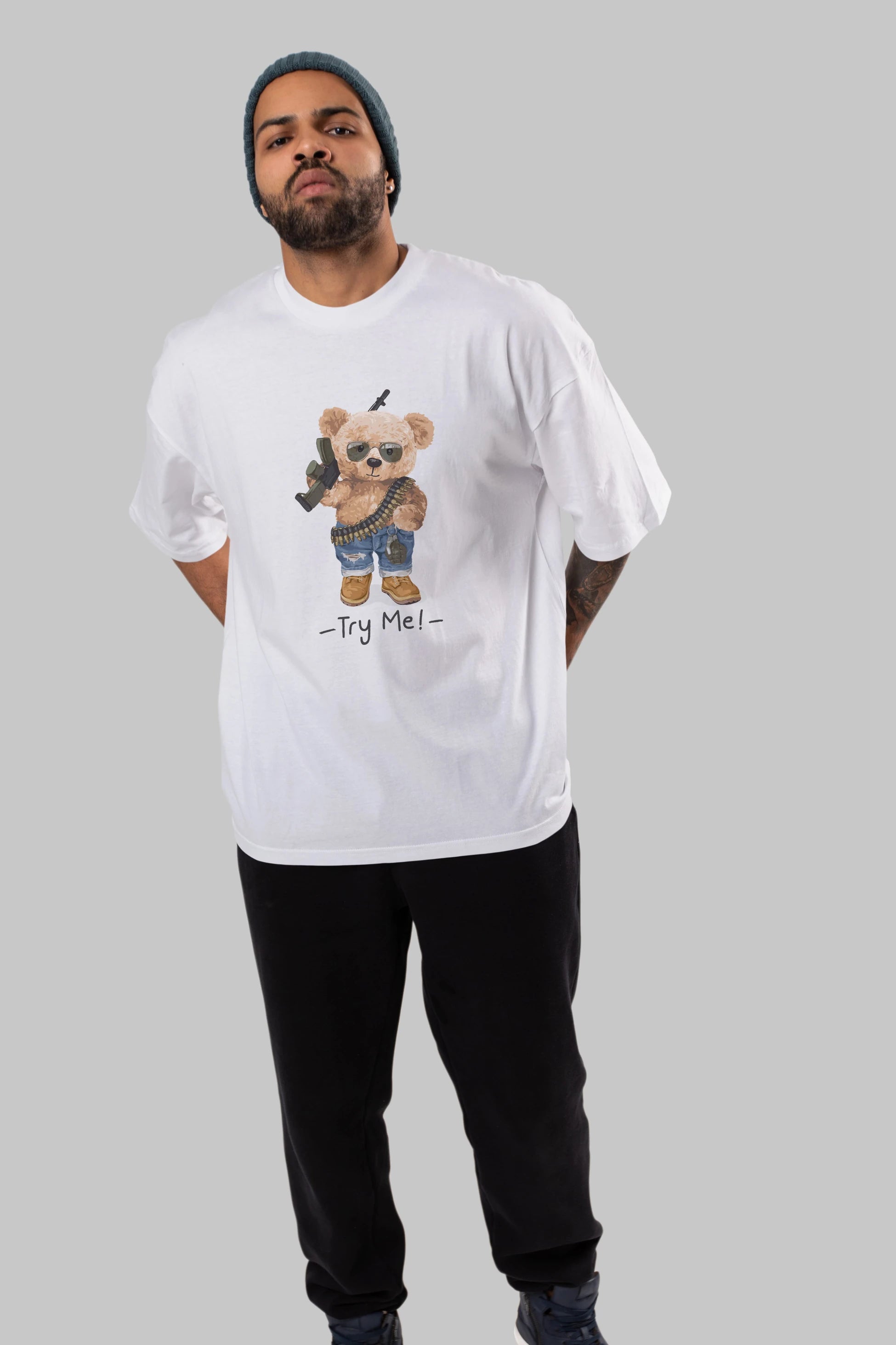 Teddy Bear Try Me Ön Baskılı Oversize t-shirt Erkek Kadın Unisex %100 Pamuk