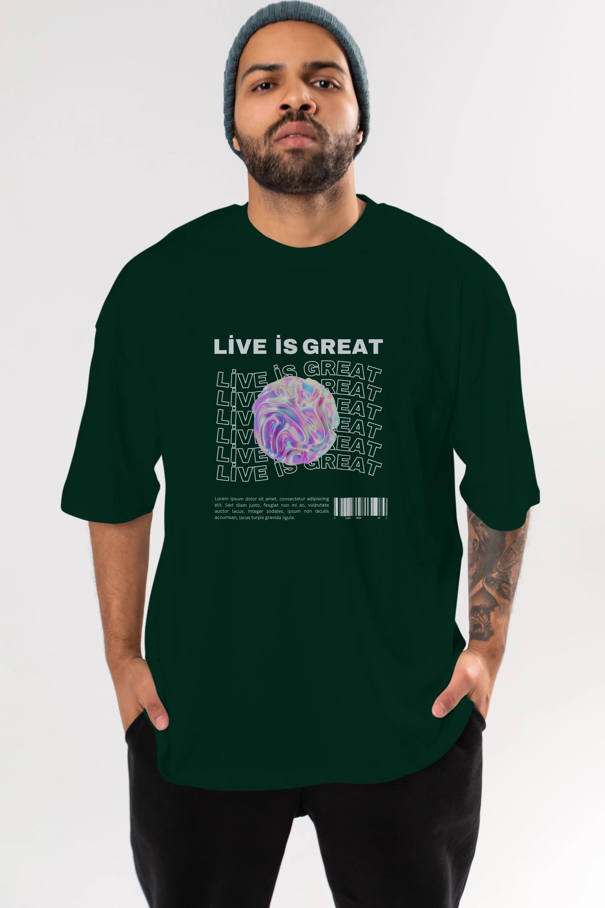 Live is Great Yazılı Ön Baskılı Oversize t-shirt Erkek Kadın Unisex