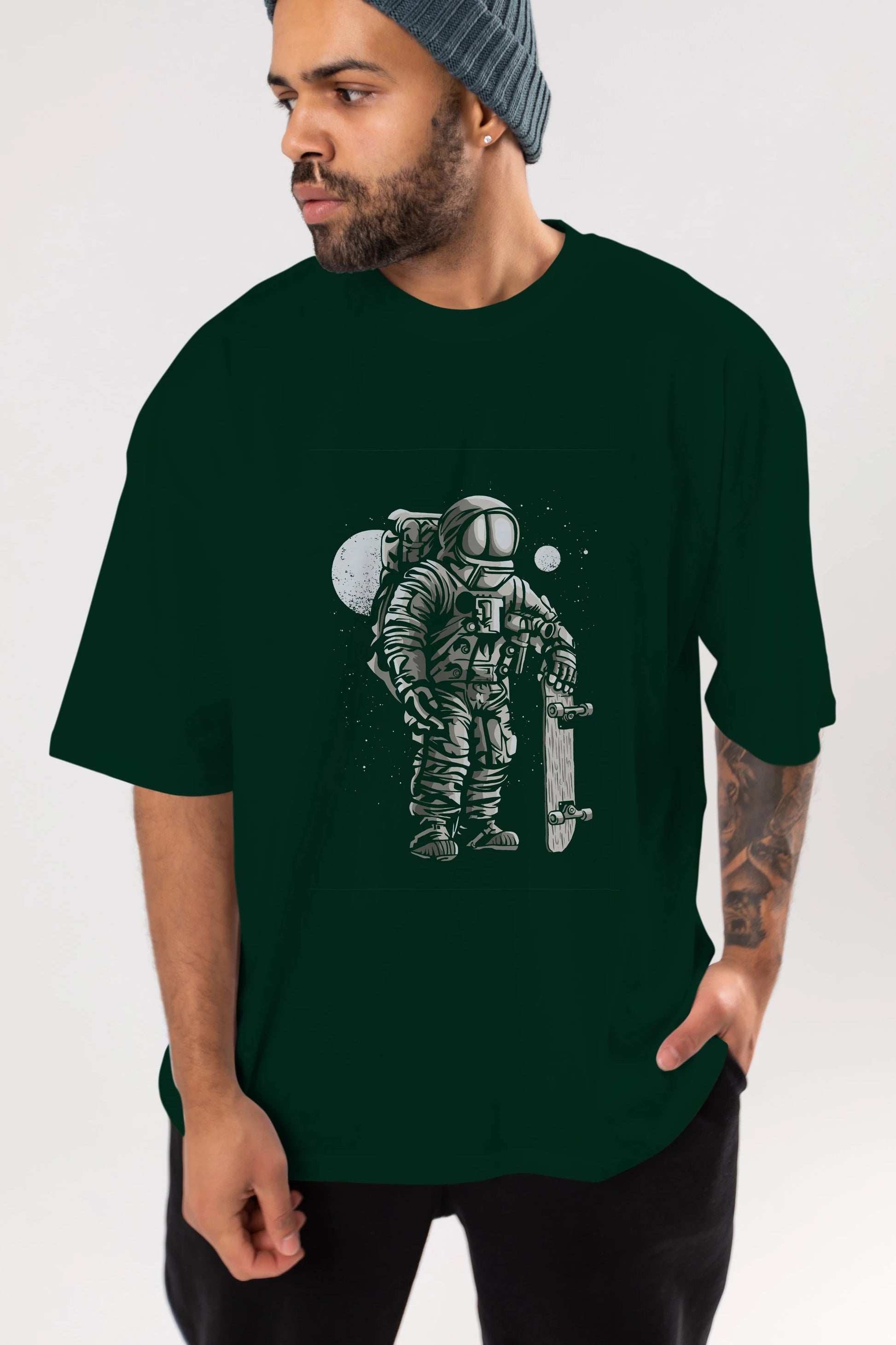Astronaut Skater Ön Baskılı Oversize t-shirt Erkek Kadın Unisex %100 Pamuk tişort