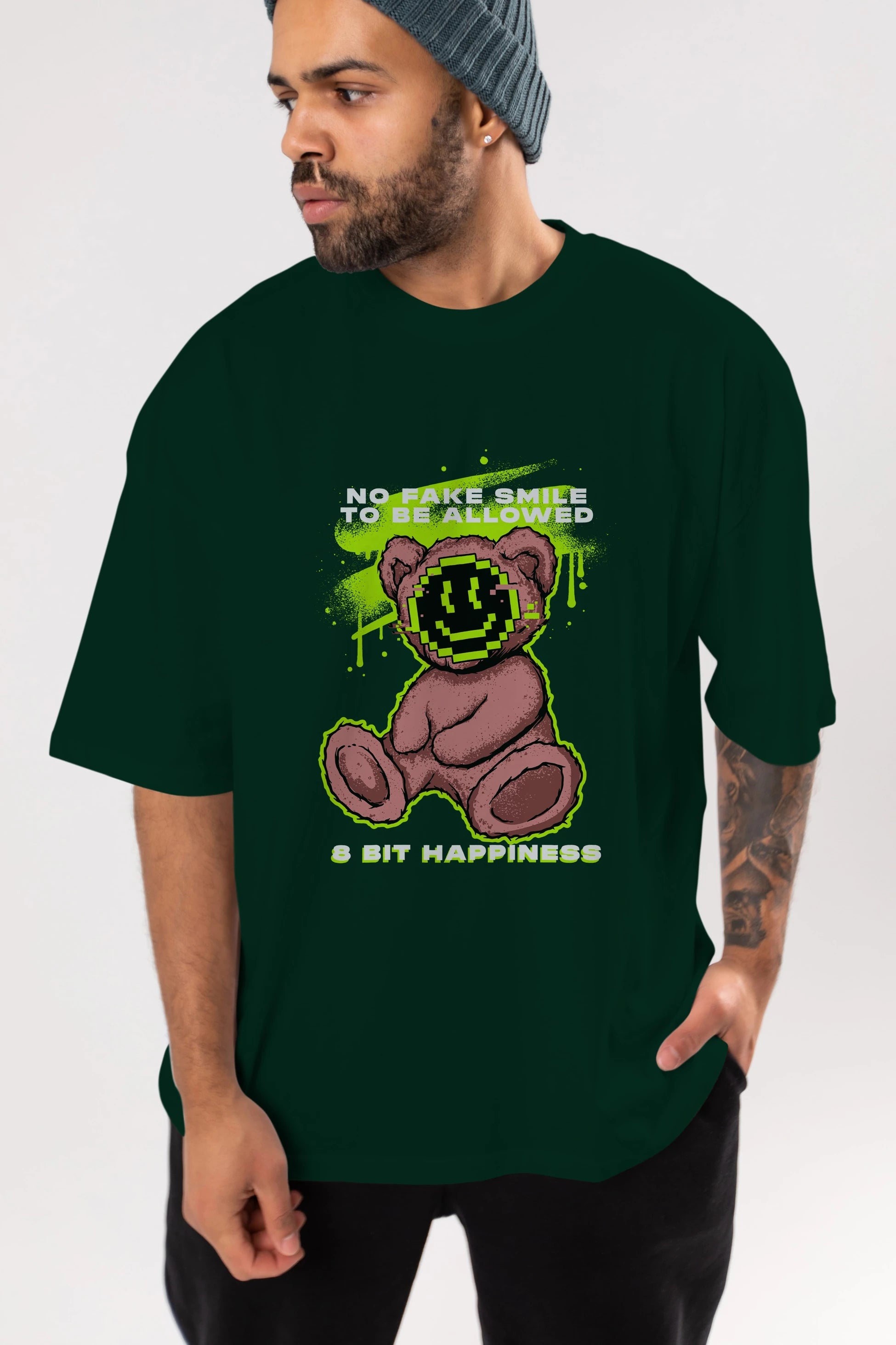 No Fake Smile Bear Ön Baskılı Oversize t-shirt Erkek Kadın Unisex