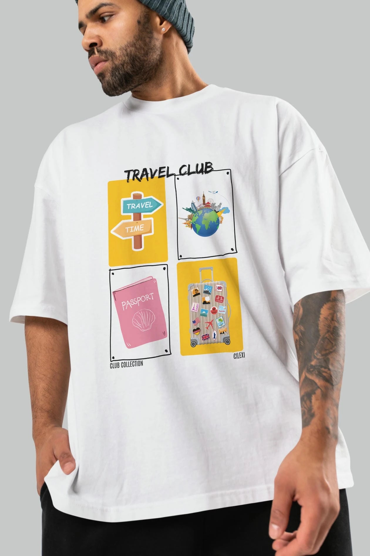 Travel Club ön Baskılı Oversize t-shirt Erkek Kadın %100 Pamuk Bisiklet Yaka tişort