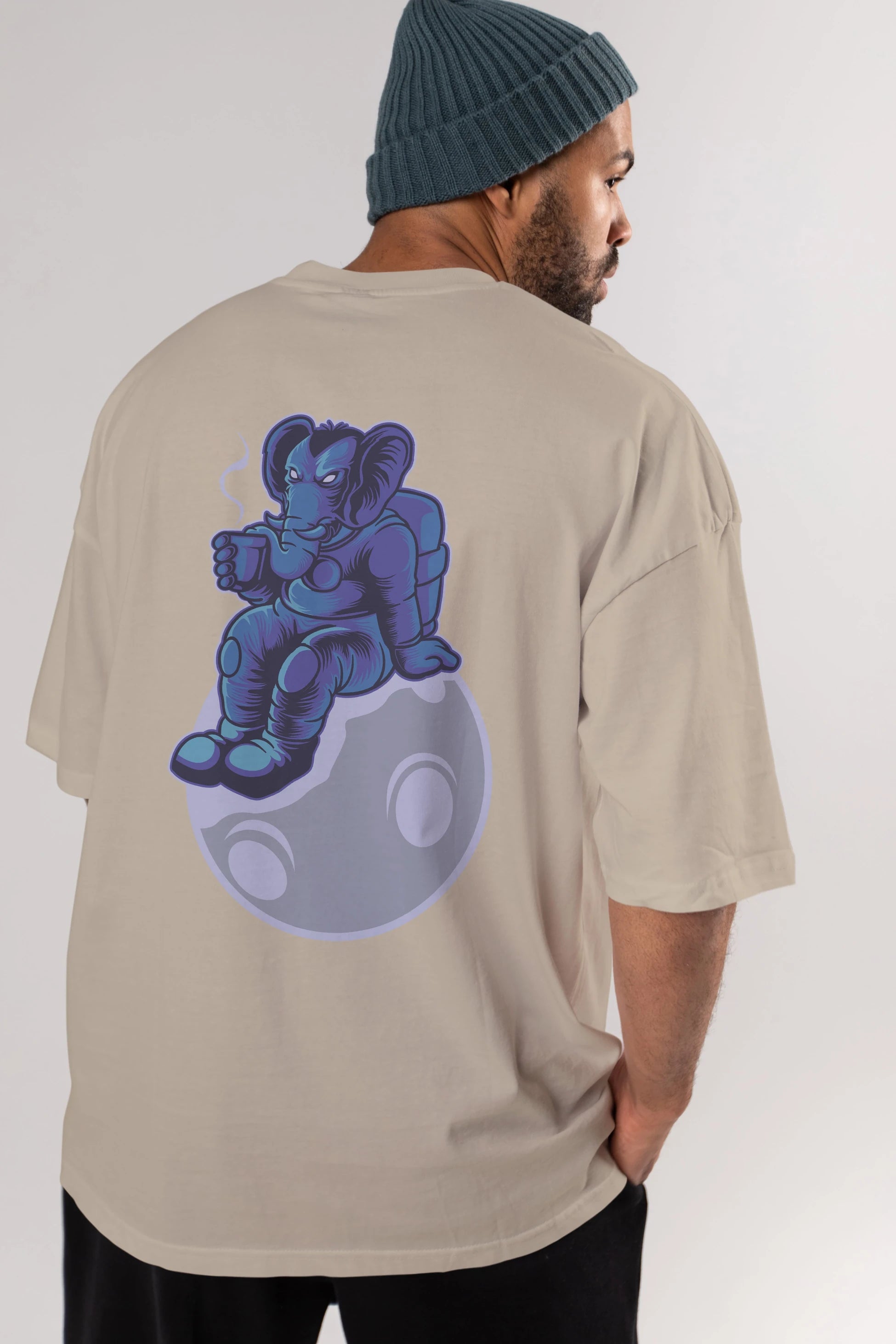 Space Elephant Drink Coffee Arka Baskılı Oversize t-shirt Erkek Kadın Unisex
