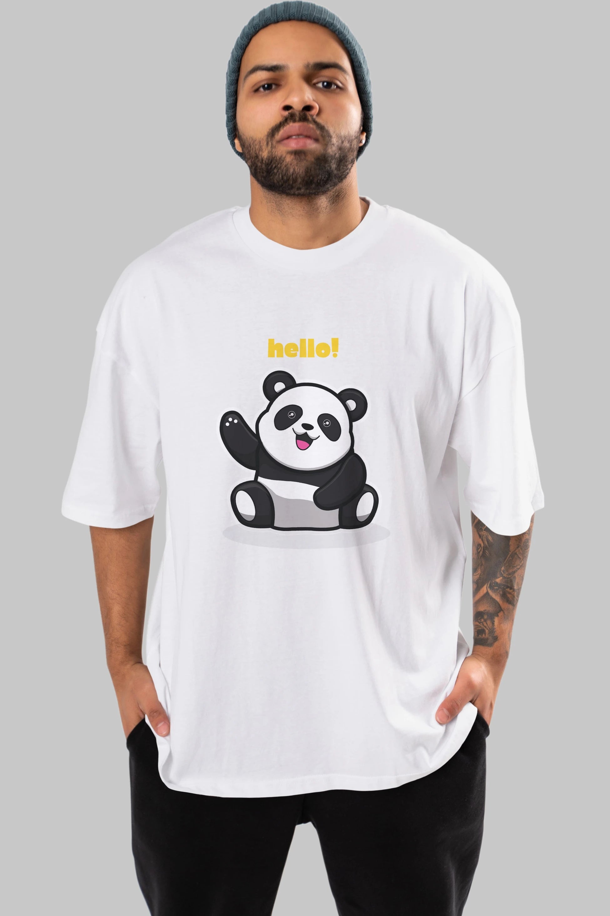 Hello Panda Ön Baskılı Oversize t-shirt Erkek Kadın Unisex