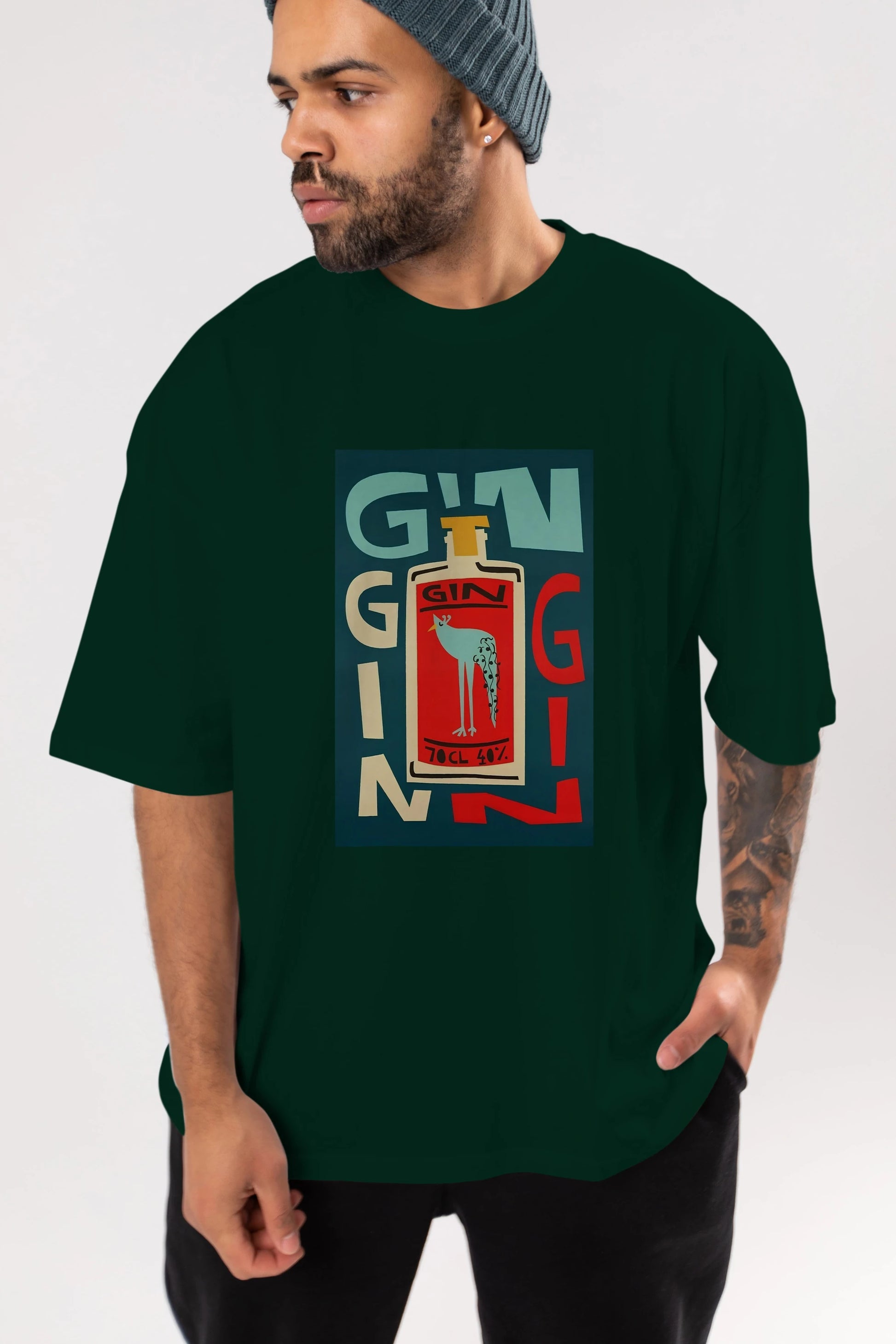 Gin 2 Ön Baskılı Oversize t-shirt Erkek Kadın Unisex %100 Pamuk Bisiklet Yaka tişort