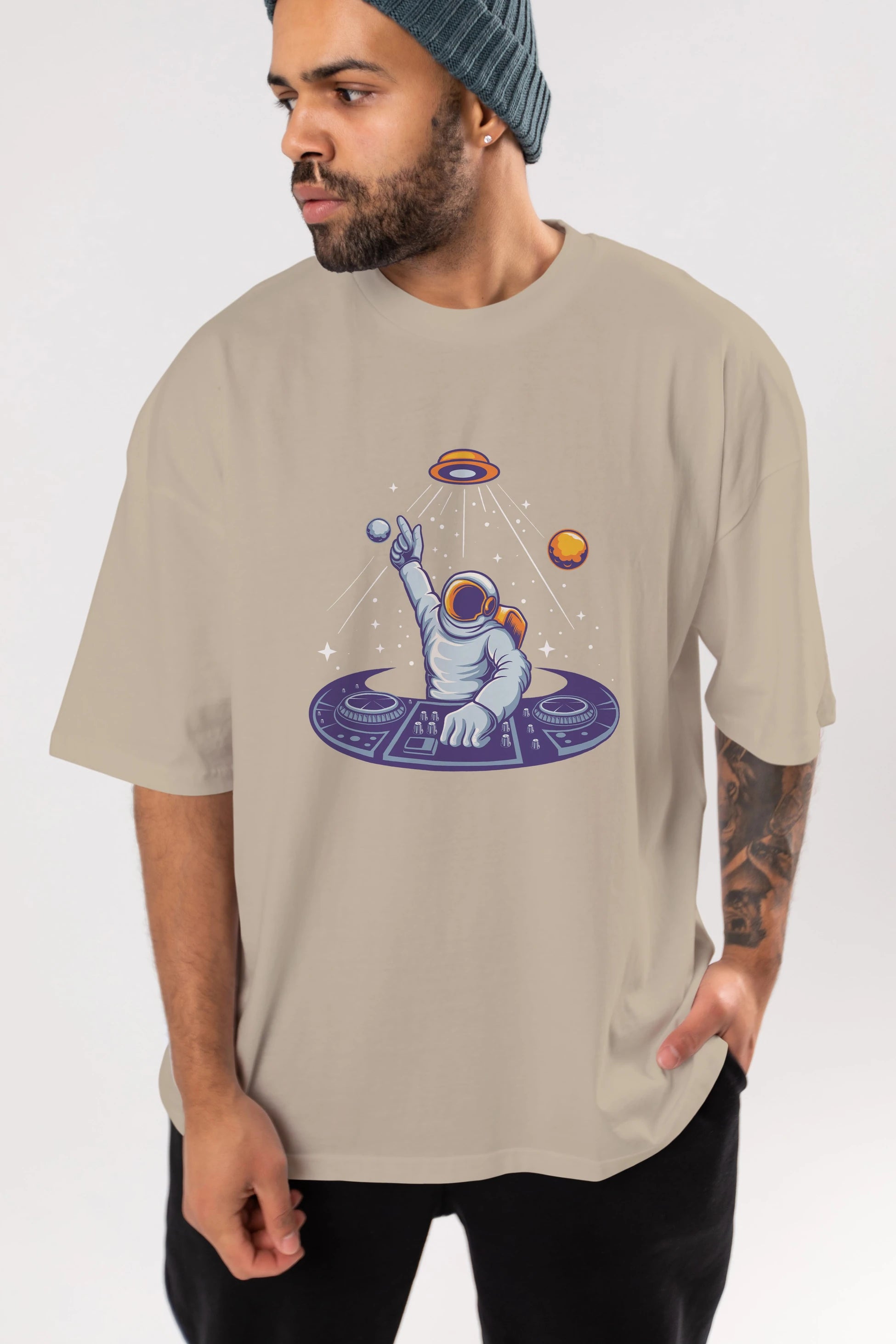 Astronaut Disk Jockey Party Ön Baskılı Oversize t-shirt Erkek Kadın Unisex