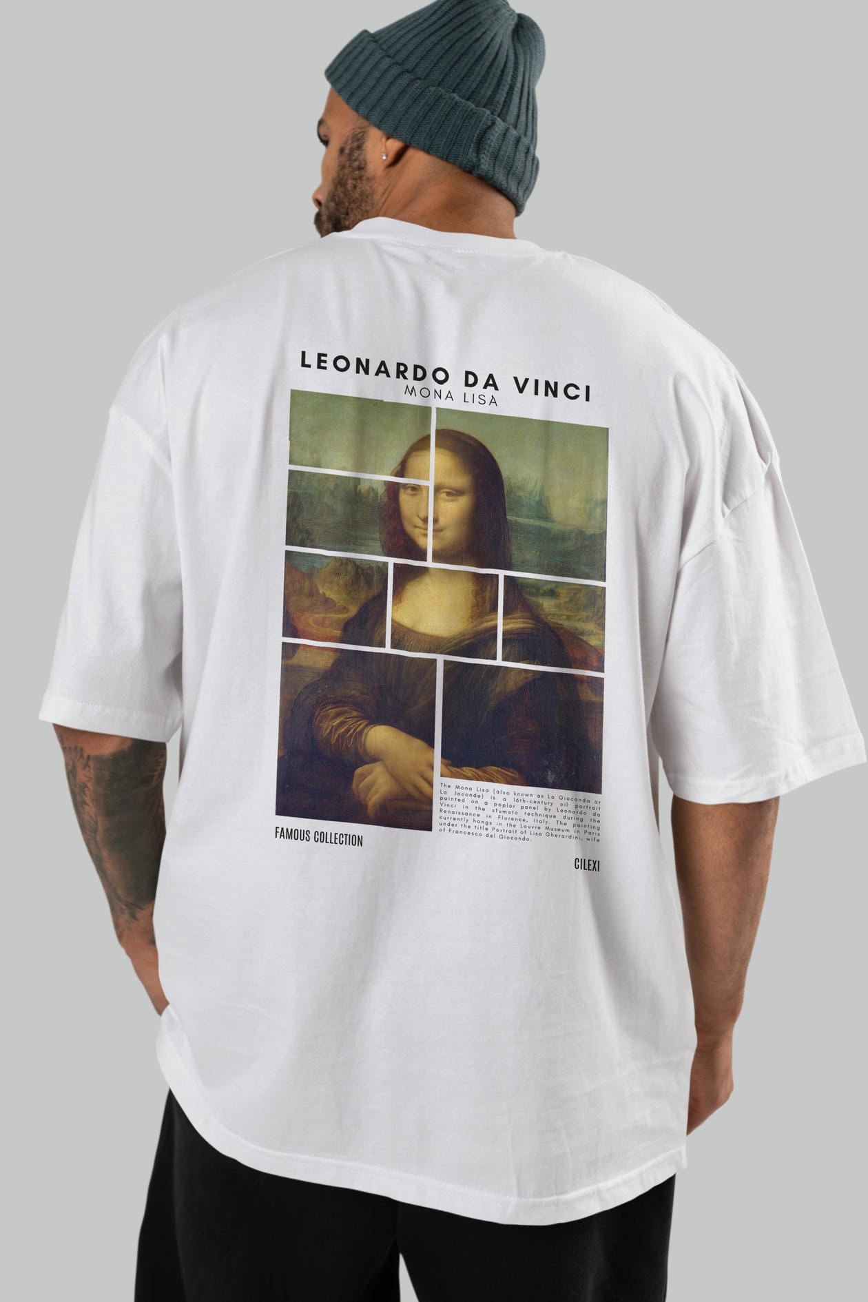 Leonardo Da Vinci Mona Lisa Arka Baskılı Oversize t-shirt Erkek Kadın Bisiklet Yaka Pamuk tişort