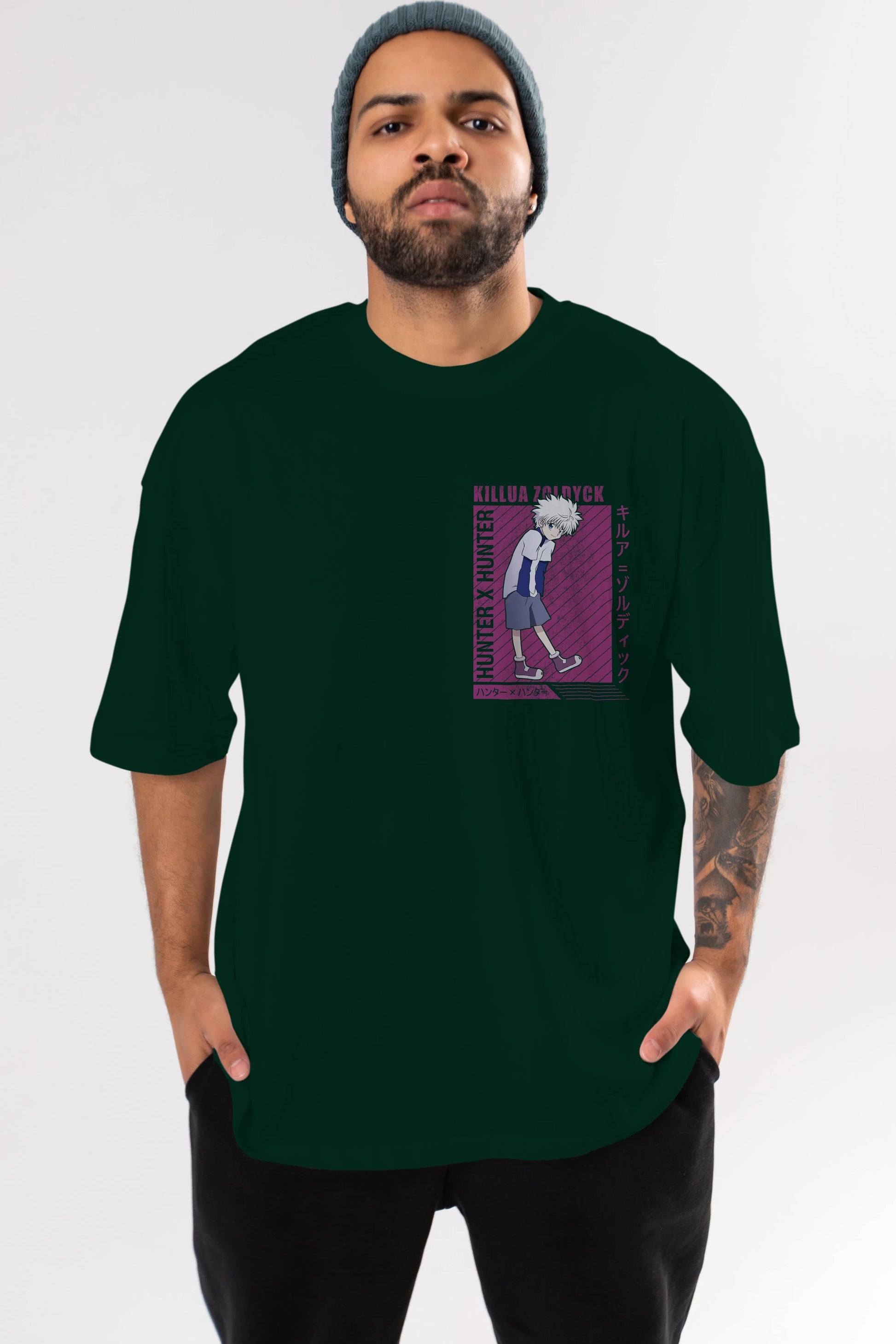Killua Zoldyck 3 1 Ön Sol Baskılı Oversize t-shirt Erkek Kadın Unisex %100 Pamuk Bisiklet Yaka tişort