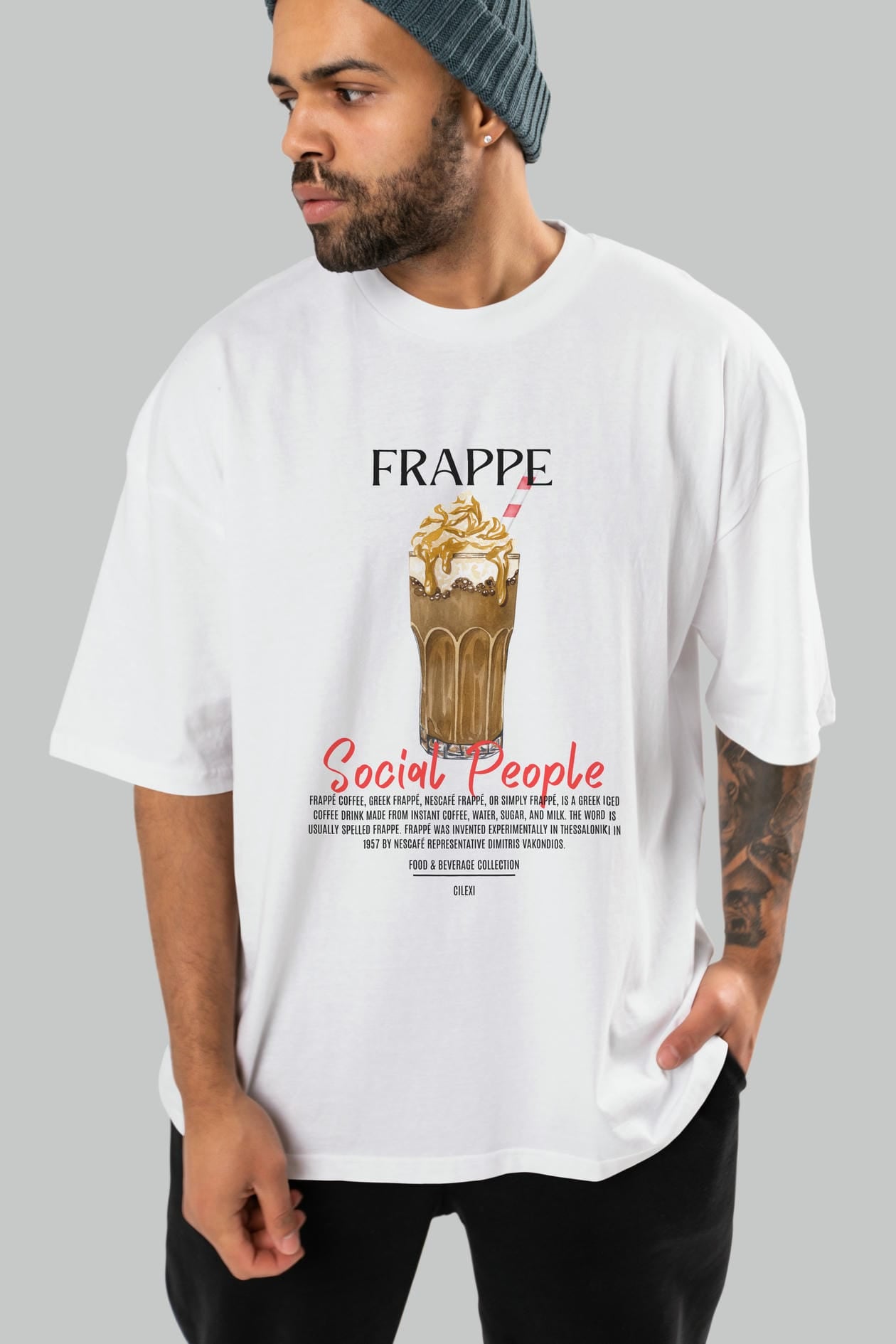 Frappe Kokteyl Serisi ön Baskılı Oversize t-shirt Erkek Kadın %100 Pamuk Bisiklet Yaka tişort