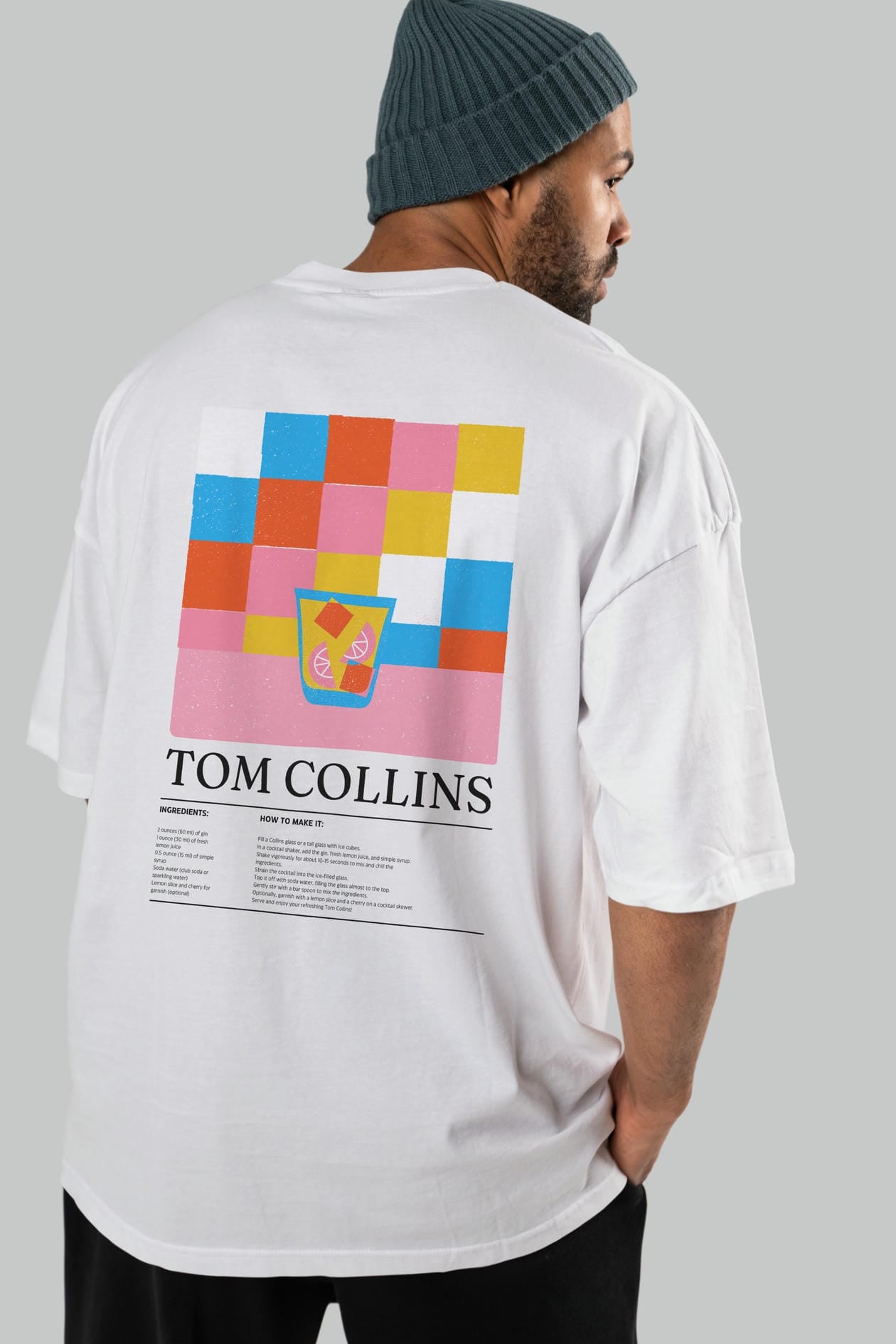 Tom Collins Kokteyl Serisi Arka Baskılı Oversize t-shirt Erkek Kadın %100 Pamuk Bisiklet Yaka tişort