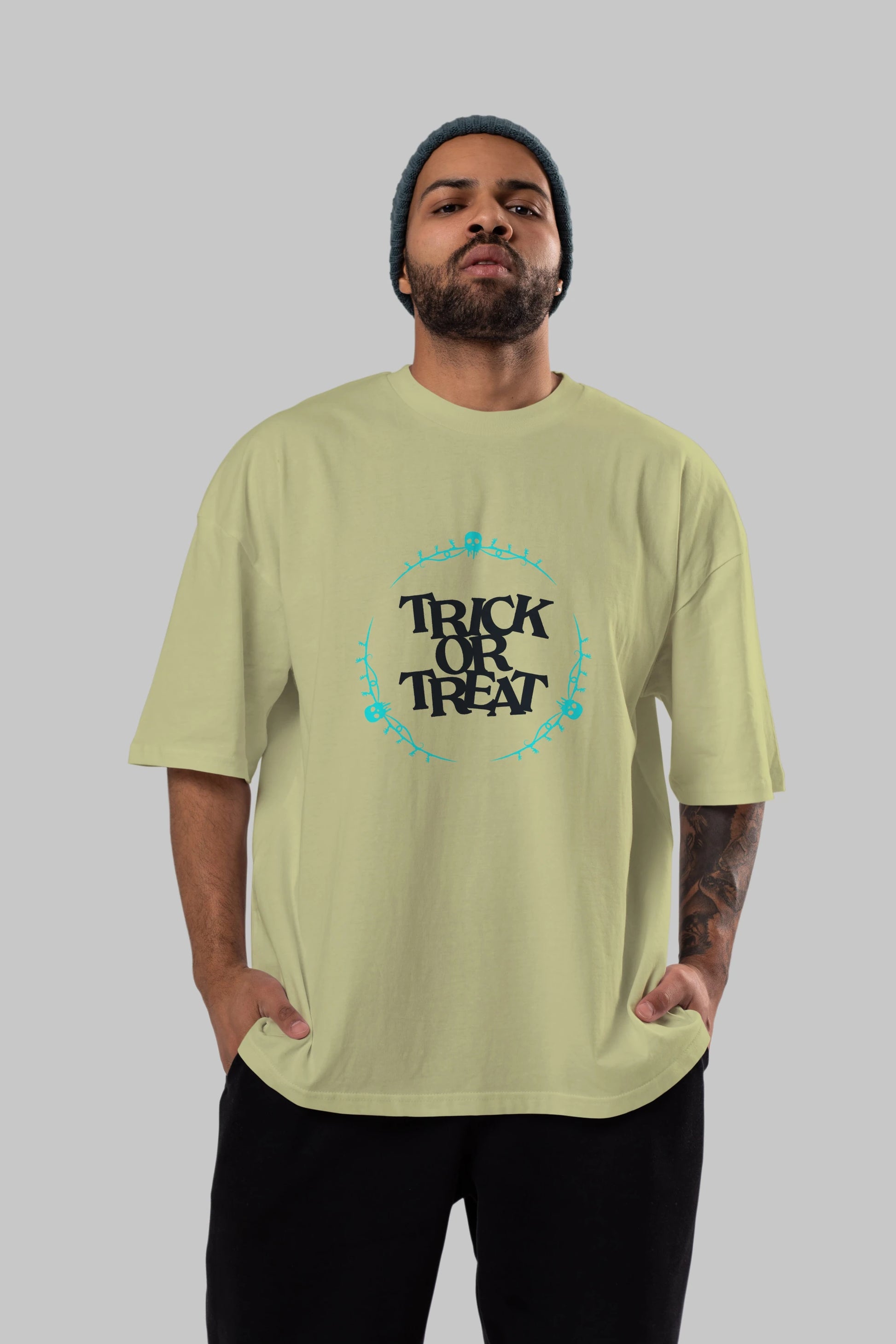 Trick or Treat Yazılı Ön Baskılı Oversize t-shirt Erkek Kadın Unisex