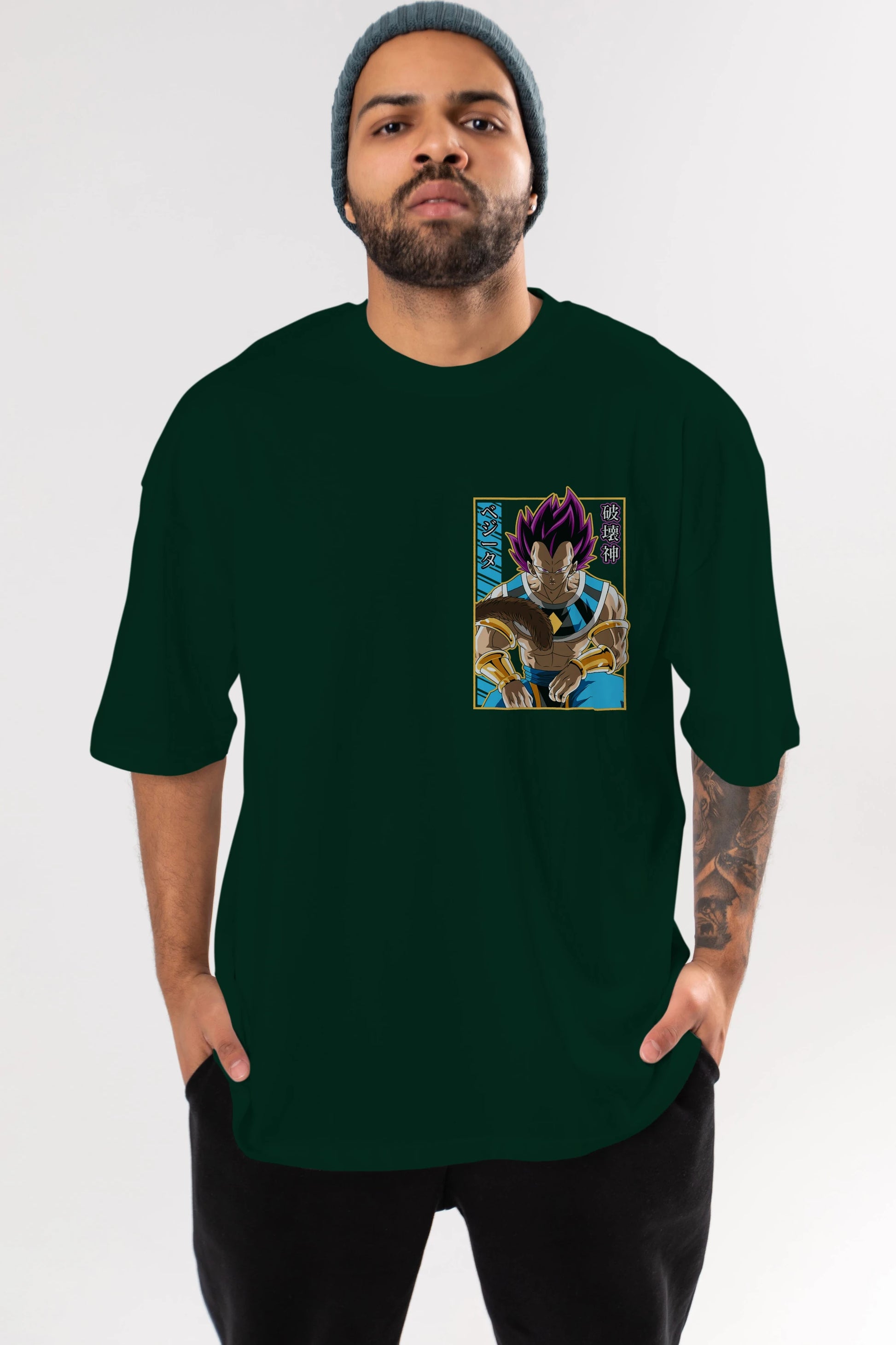 DragonBall VegetaHakaishin Ön Sol Baskılı Oversize t-shirt Erkek Kadın Unisex %100 Pamuk Bisiklet Yaka tişort
