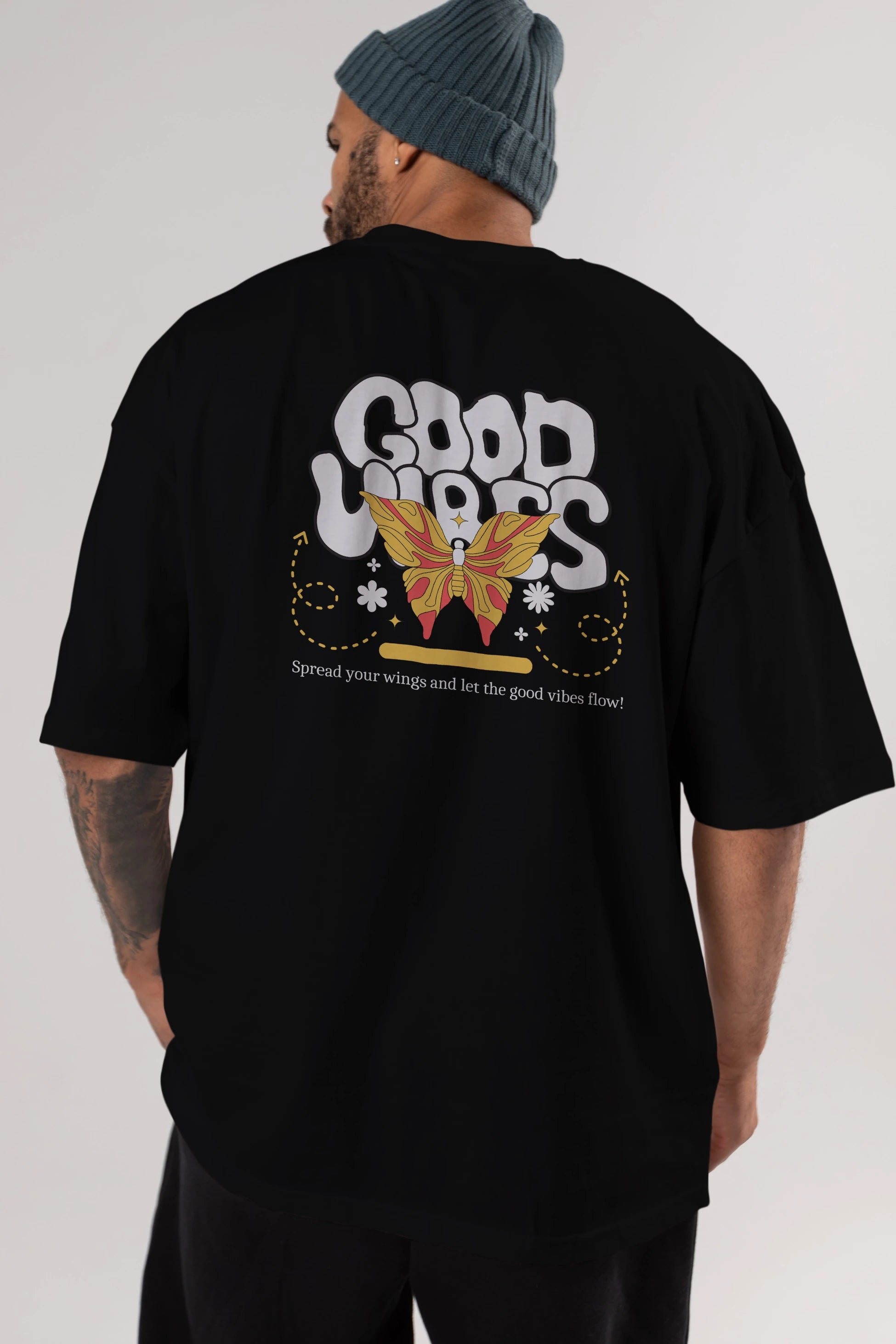 Good Vibes Yazılı 4 Arka Baskılı Oversize t-shirt Erkek Kadın Unisex