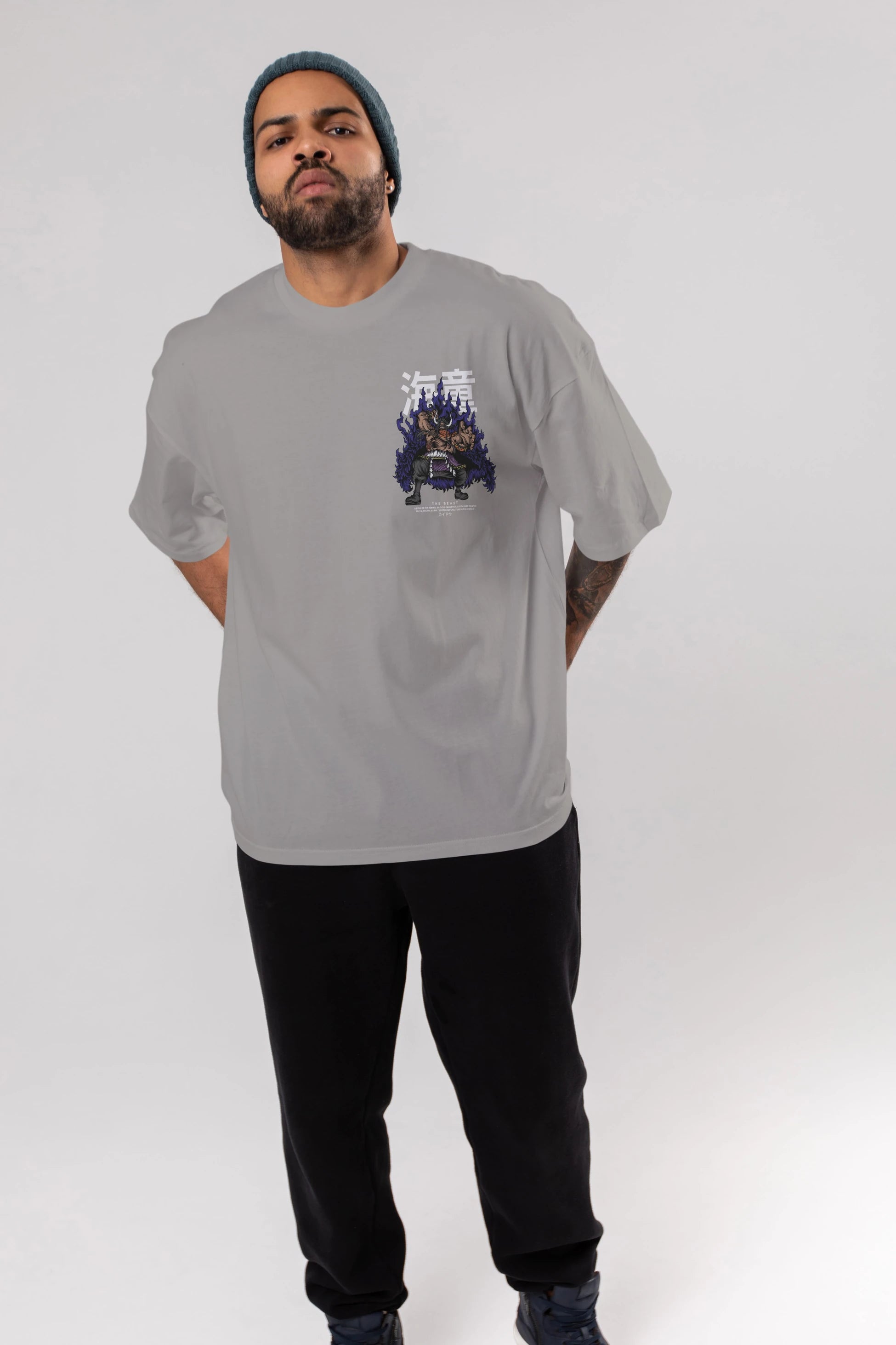 Kaido Ön Sol Baskılı Oversize t-shirt Erkek Kadın Unisex %100 Pamuk Bisiklet Yaka tişort