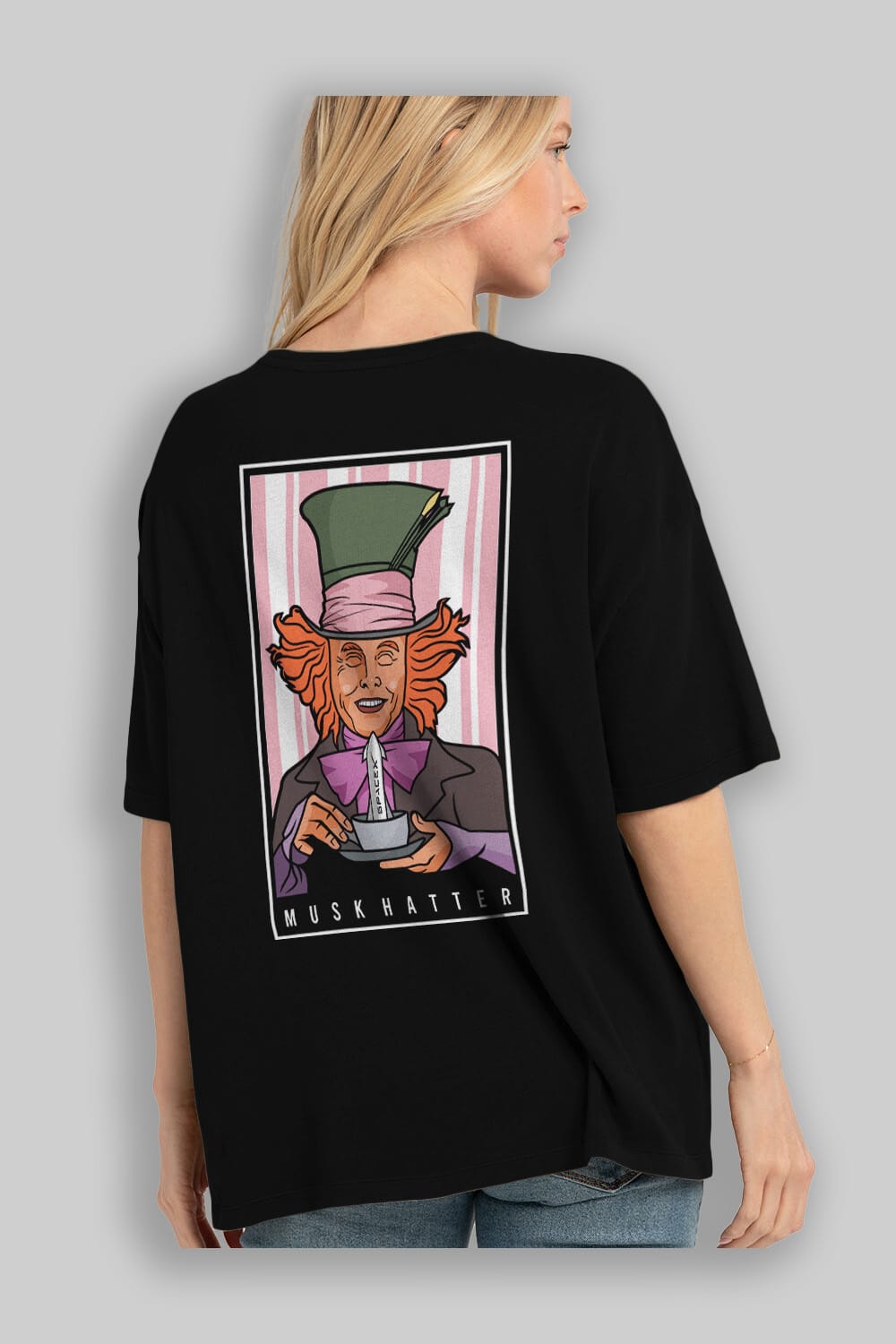 Mad Hatter Elon Musk Arka Baskılı Oversize t-shirt Erkek Kadın Unisex %100 Pamuk tişort