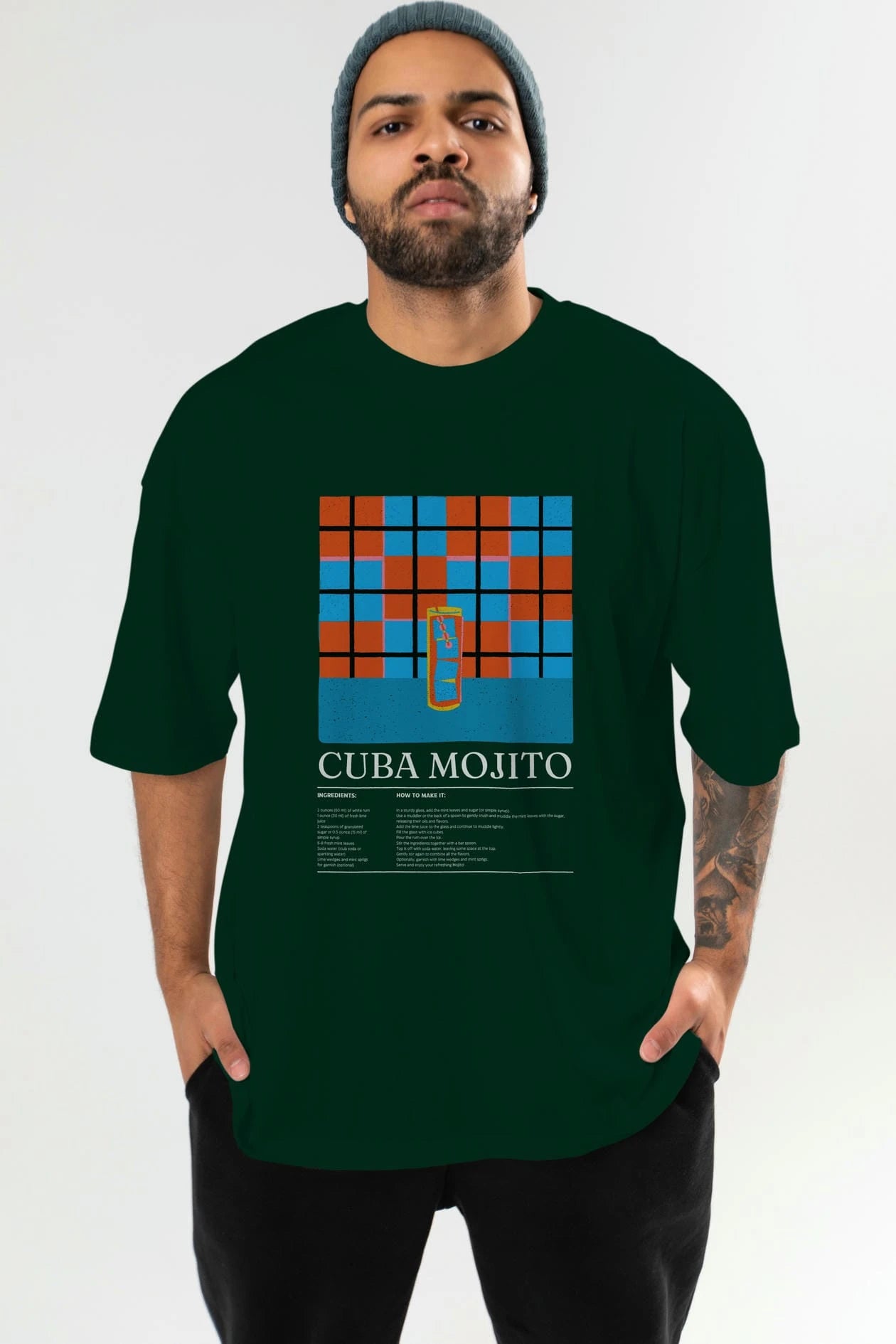 Cuba Mojito Kokteyl Ön Baskılı Oversize t-shirt Erkek Kadın %100 Pamuk Bisiklet Yaka tişort