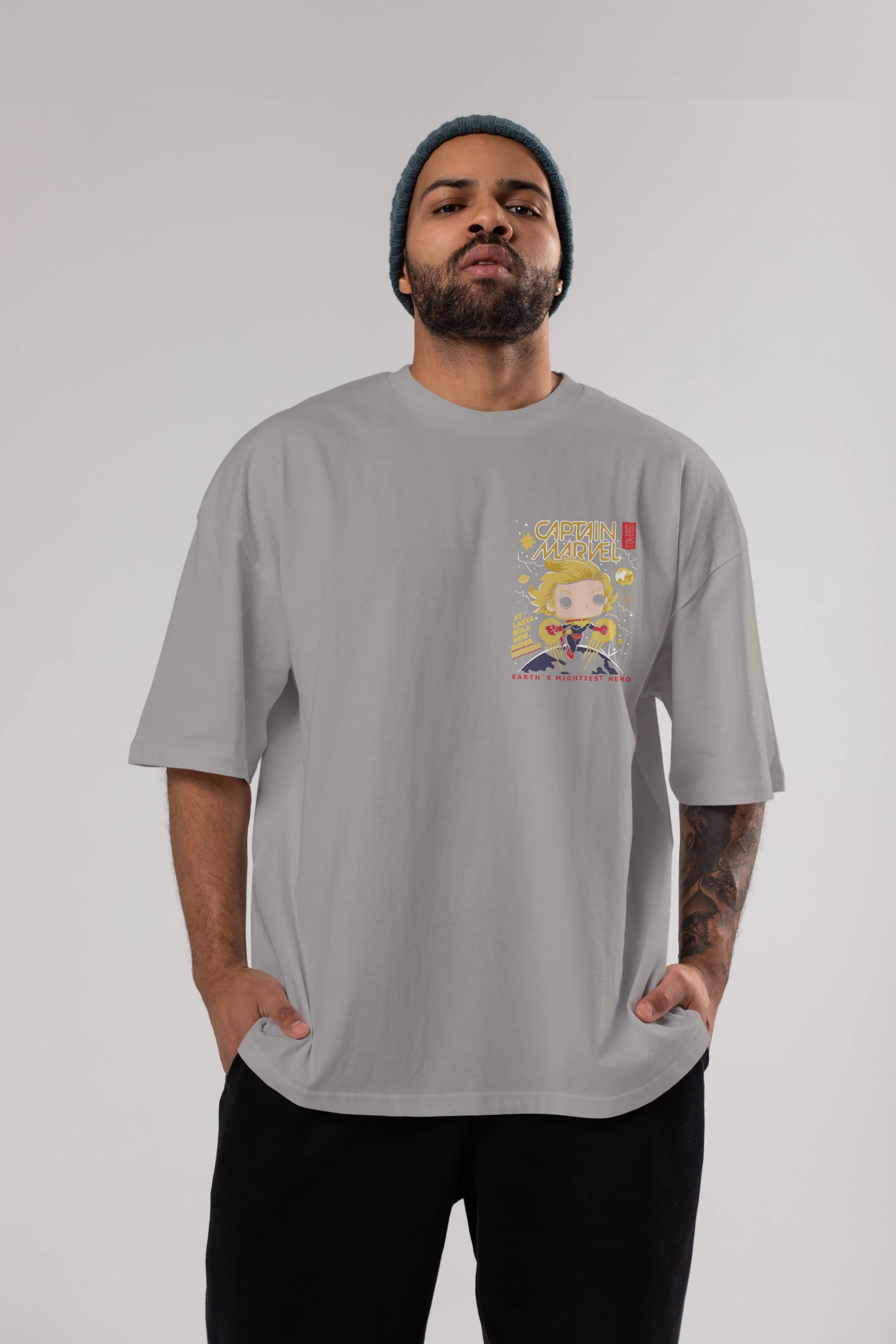 Captain Marvel Ön Sol Baskılı Oversize t-shirt Erkek Kadın Unisex %100 Pamuk Bisiklet Yaka tişort