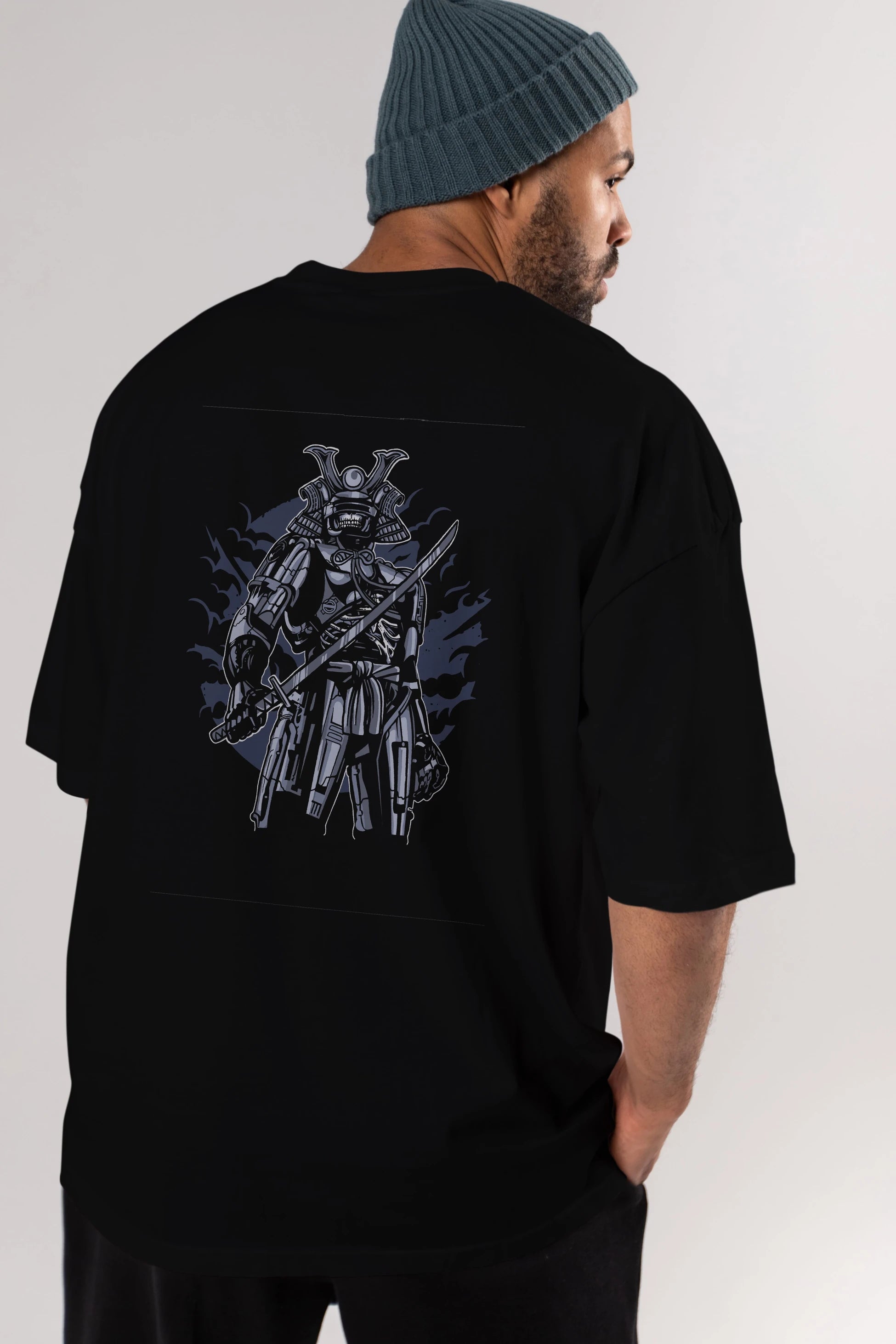 Samurai Robot Skull Arka Baskılı Oversize t-shirt Erkek Kadın Unisex %100 Pamuk