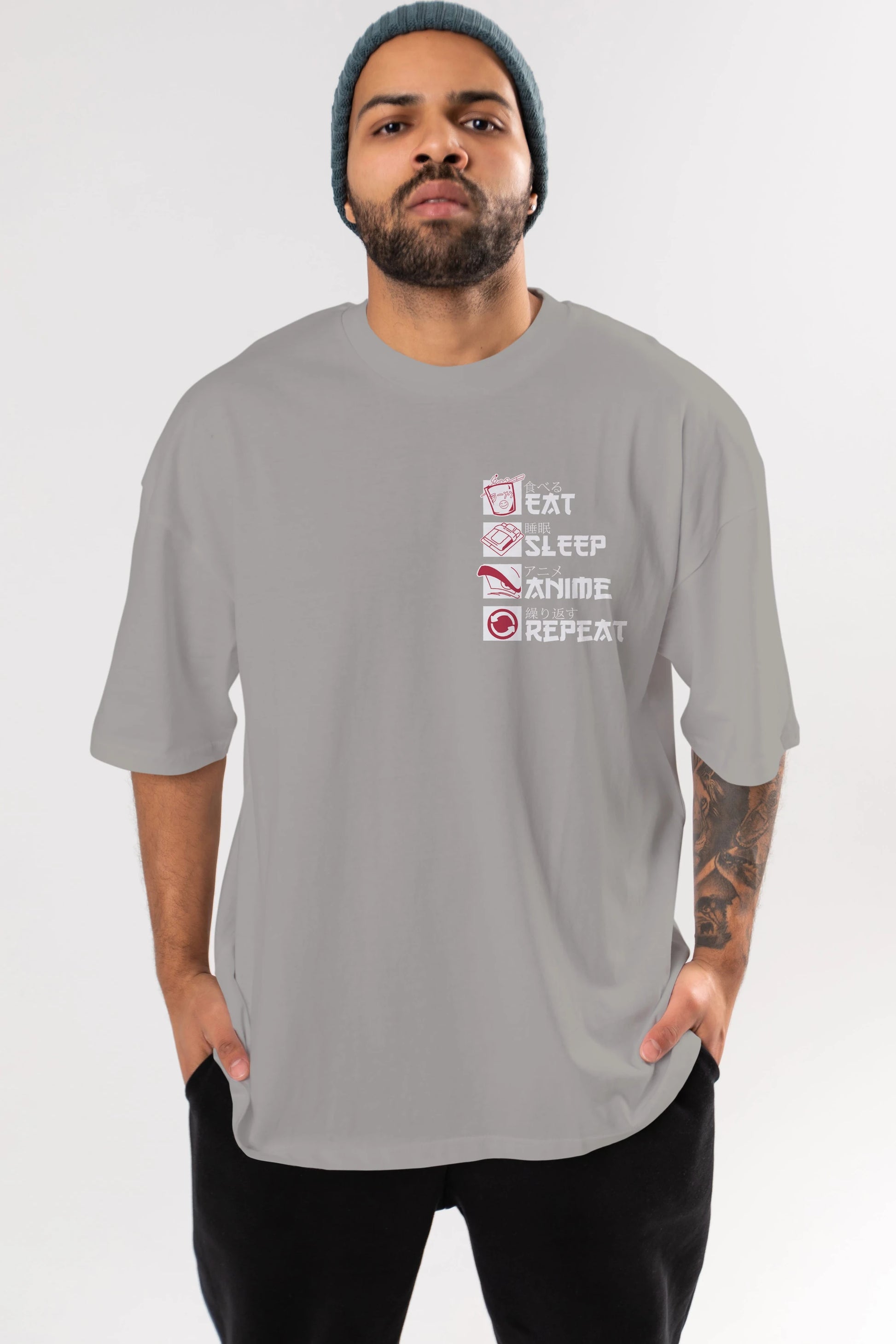 Eat, Sleep, Anime, Repeat Ön Sol Baskılı Oversize t-shirt Erkek Kadın Unisex %100 Pamuk Bisiklet Yaka tişort