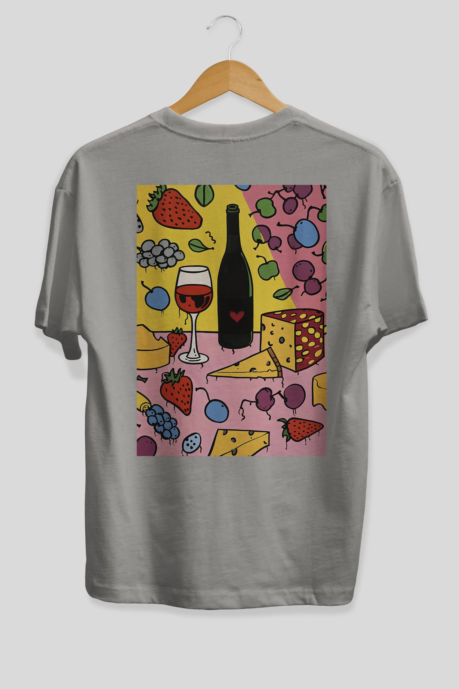 Wine Cheese Fruits Arka Baskılı Oversize t-shirt Erkek Kadın Unisex %100 Pamuk Bisiklet Yaka tişort
