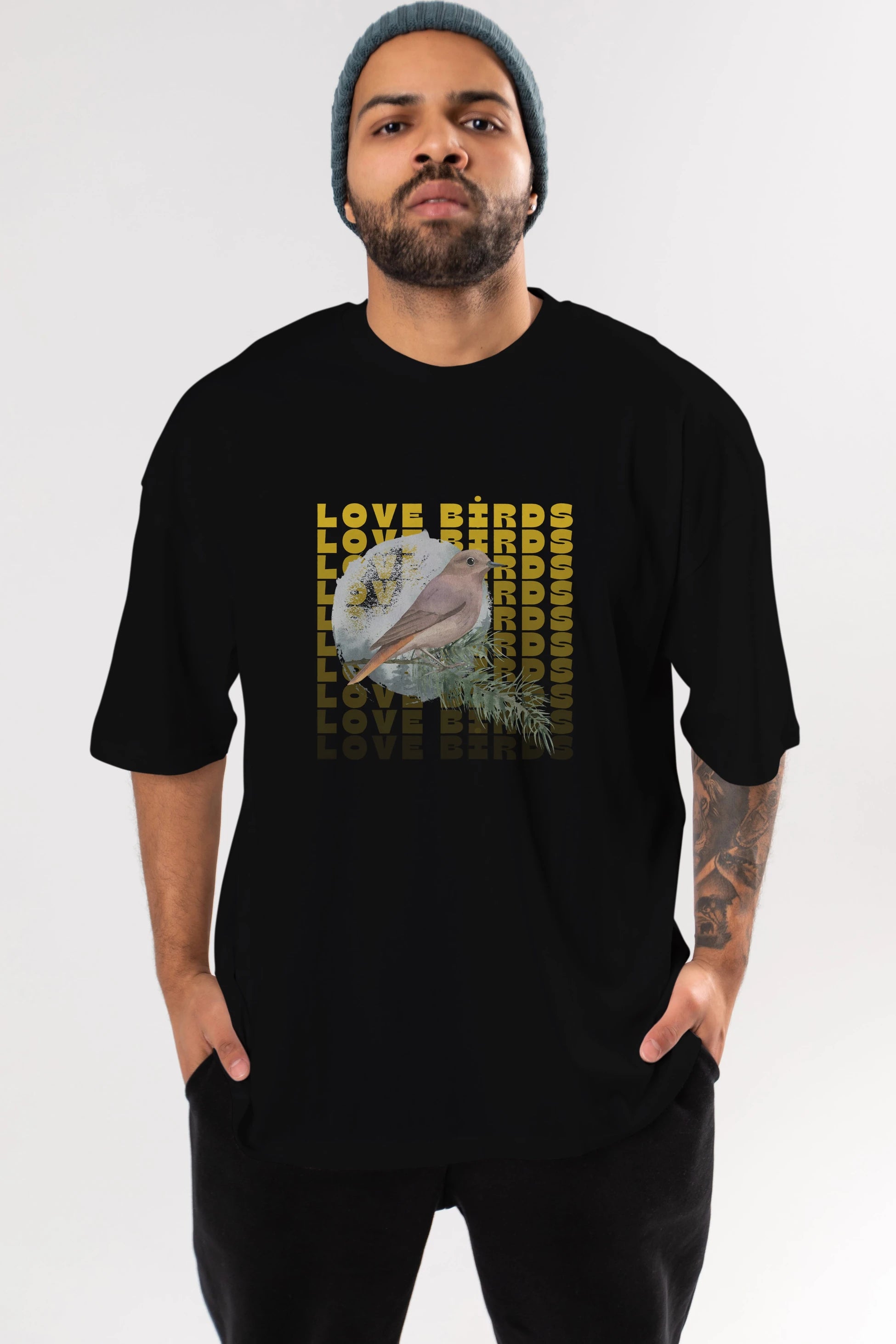 Love Birds Yazılı Ön Baskılı Oversize t-shirt Erkek Kadın Unisex