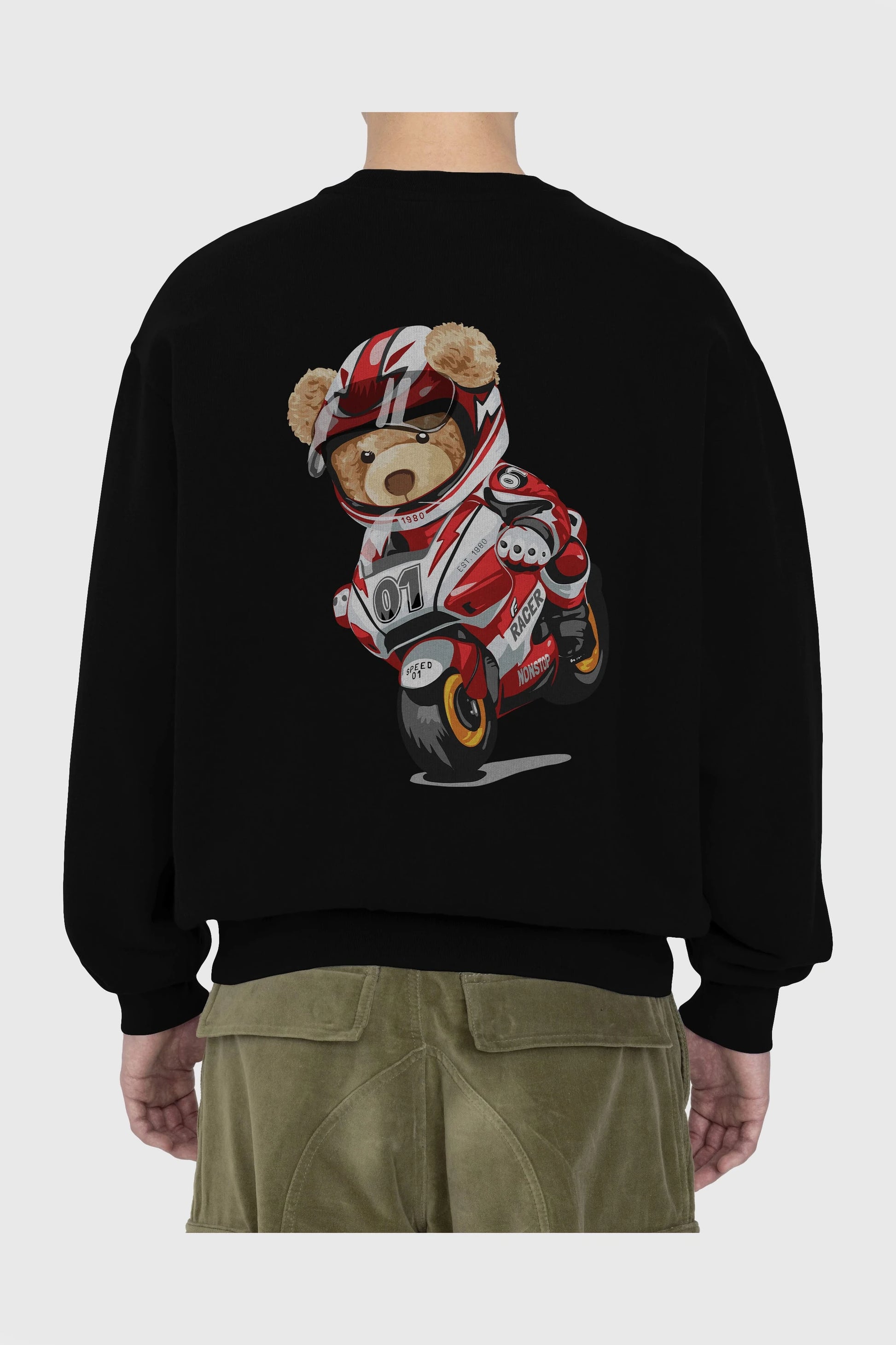Teddy Bear Racer Arka Baskılı Oversize Sweatshirt Erkek Kadın Unisex