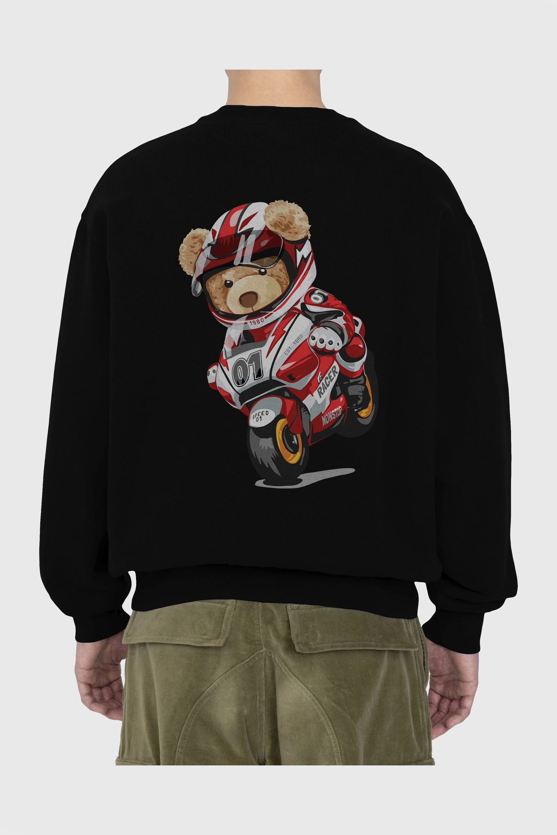 Teddy Bear Racer Arka Baskılı Oversize Sweatshirt Erkek Kadın Unisex