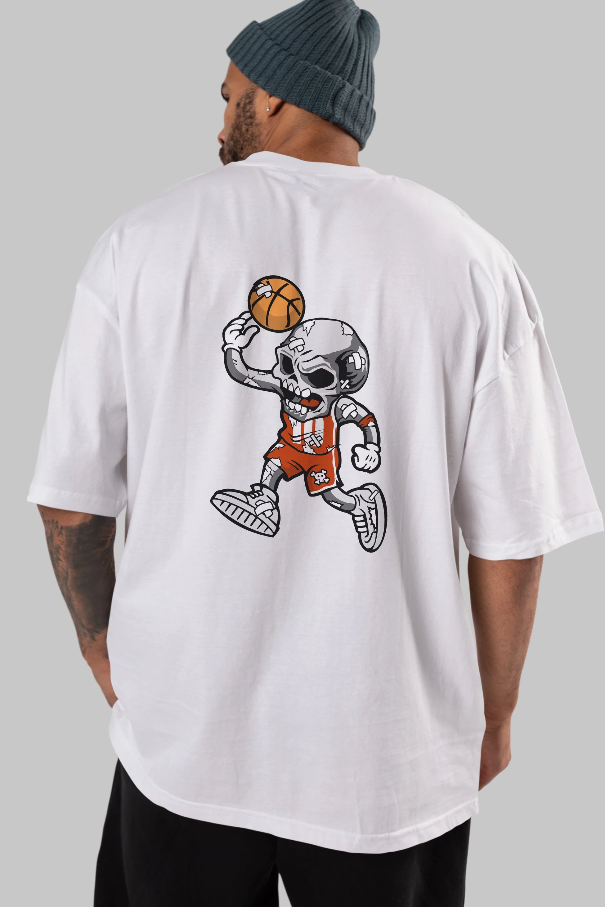 Skull Basketball Arka Baskılı Oversize t-shirt Erkek Kadın Unisex %100 Pamuk tişort