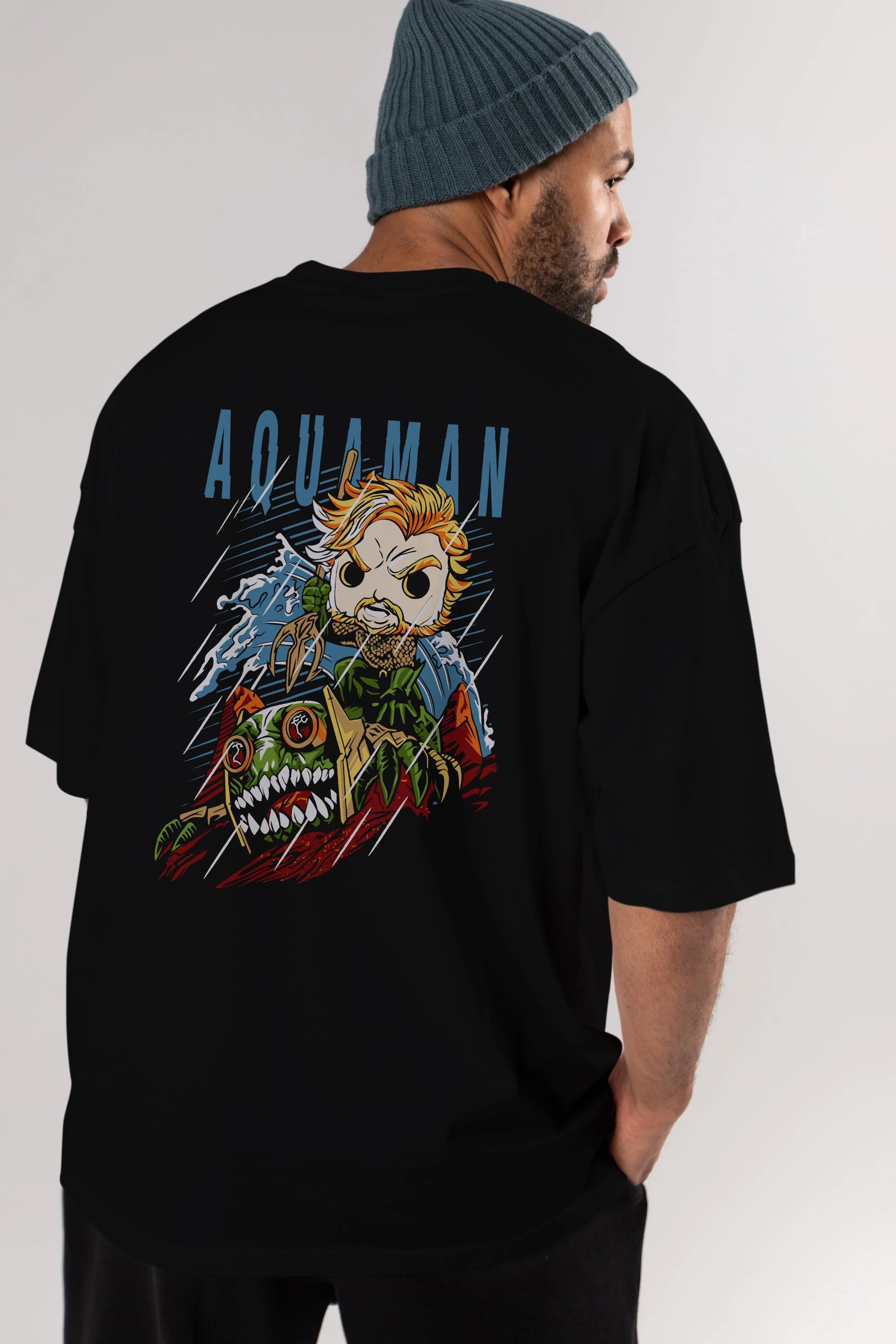 Aquaman Arka Baskılı Oversize t-shirt Erkek Kadın Unisex %100 Pamuk Bisiklet Yaka tişort