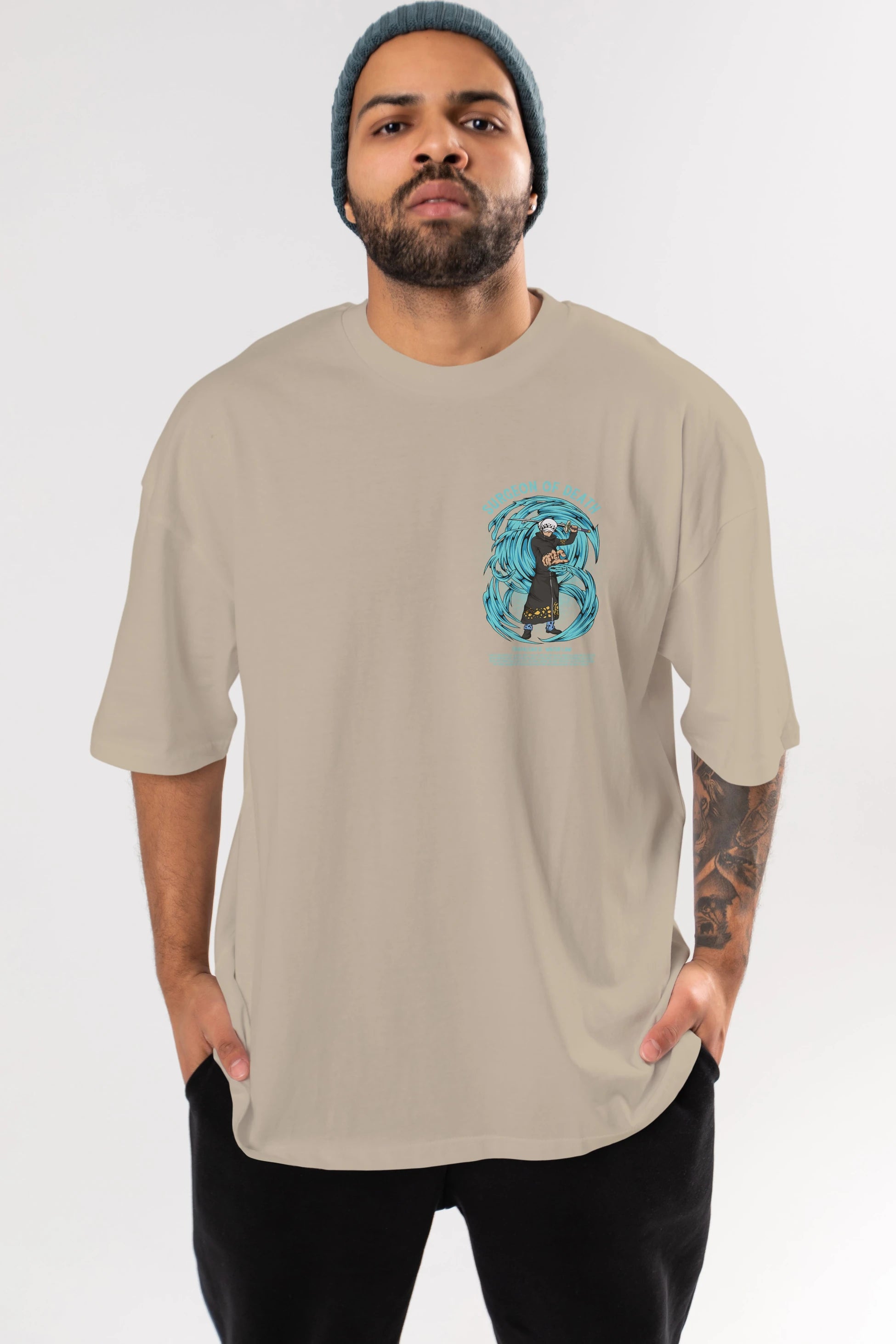 Trafalgad D. Water Law Ön Sol Baskılı Oversize t-shirt Erkek Kadın Unisex %100 Pamuk Bisiklet Yaka tişort