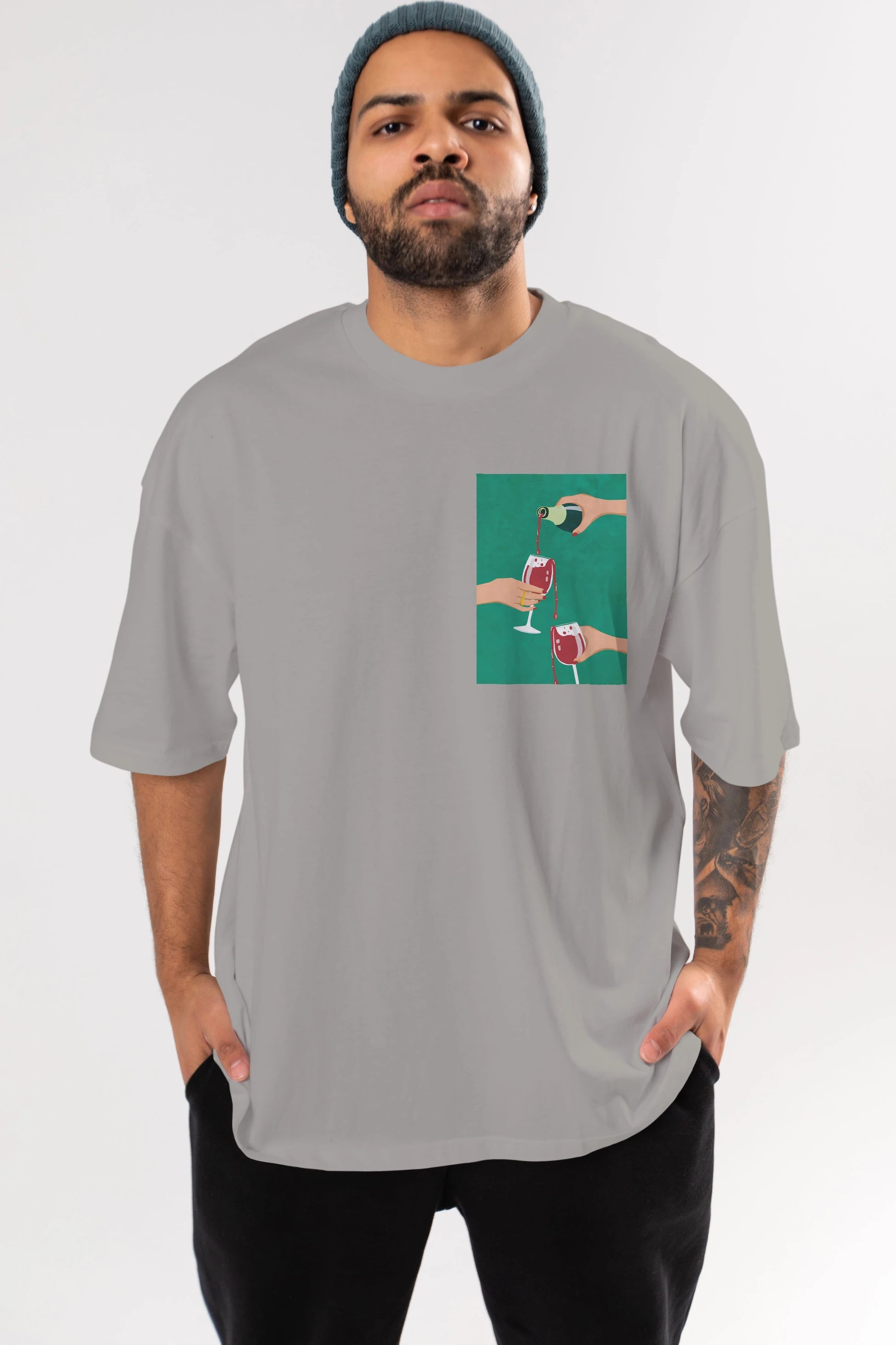 Wine 2 Ön Sol Baskılı Oversize t-shirt Erkek Kadın Unisex %100 Pamuk Bisiklet Yaka tişort