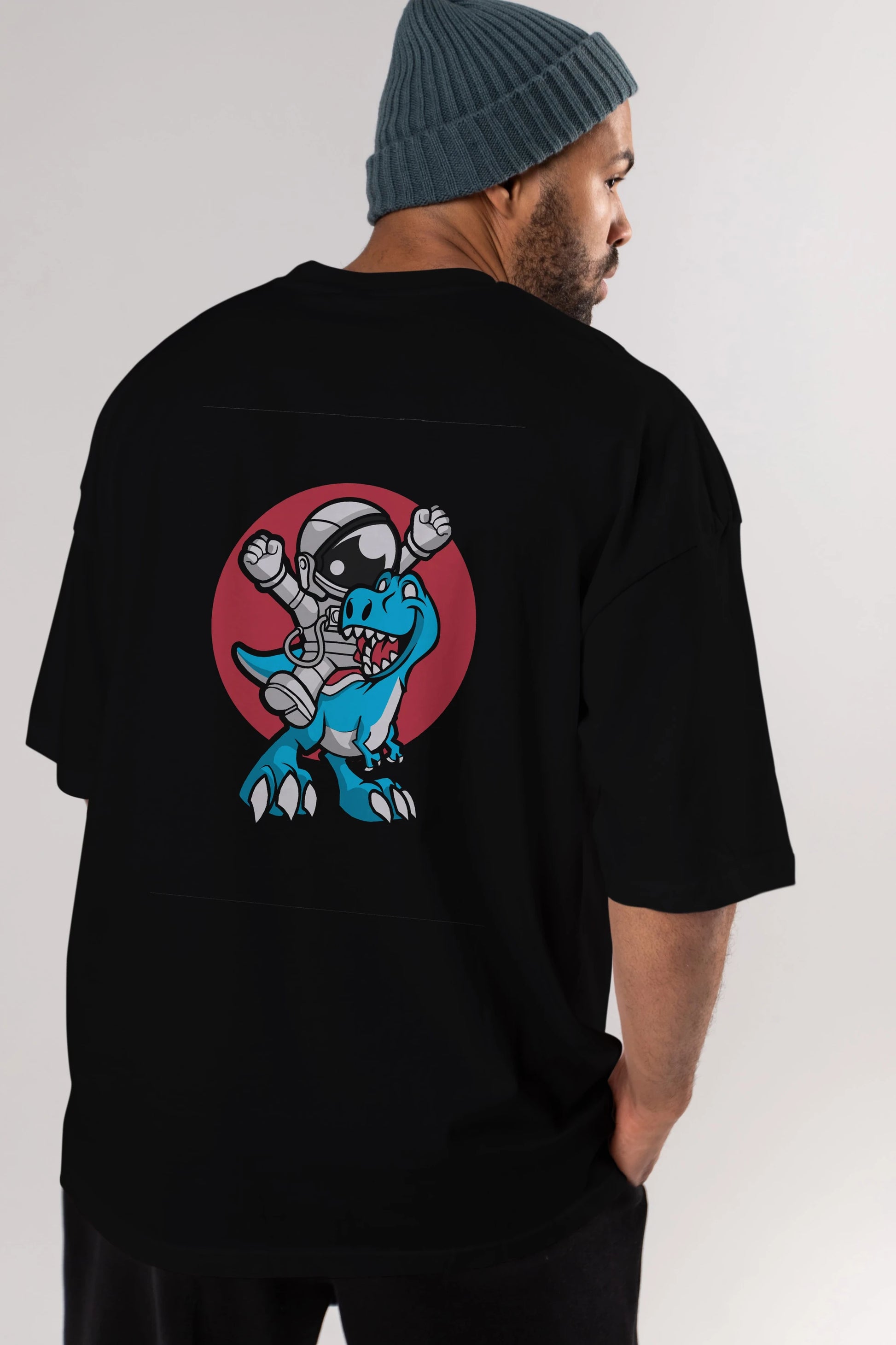 Astronaut Dino Arka Baskılı Oversize t-shirt Erkek Kadın Unisex %100 Pamuk tişort