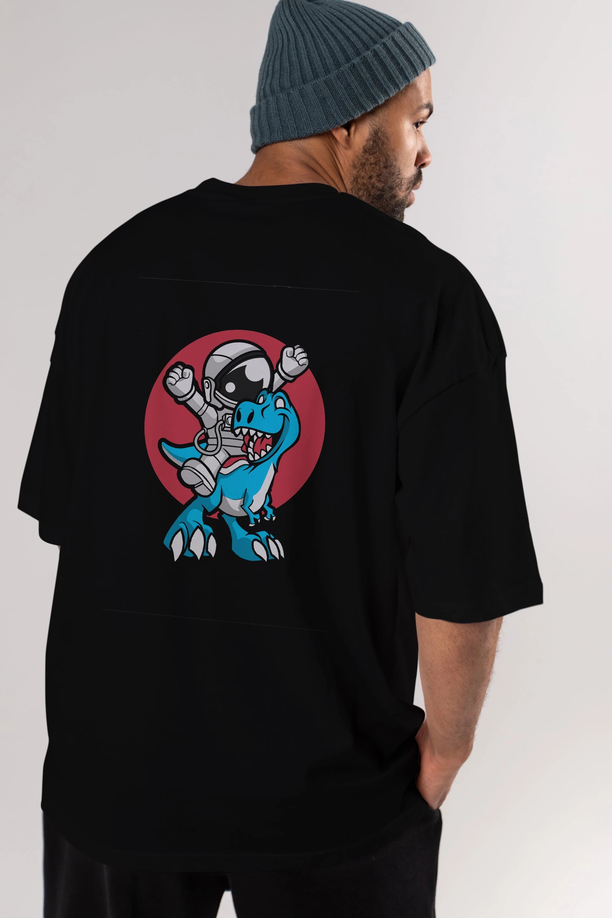 Astronaut Dino Arka Baskılı Oversize t-shirt Erkek Kadın Unisex %100 Pamuk tişort