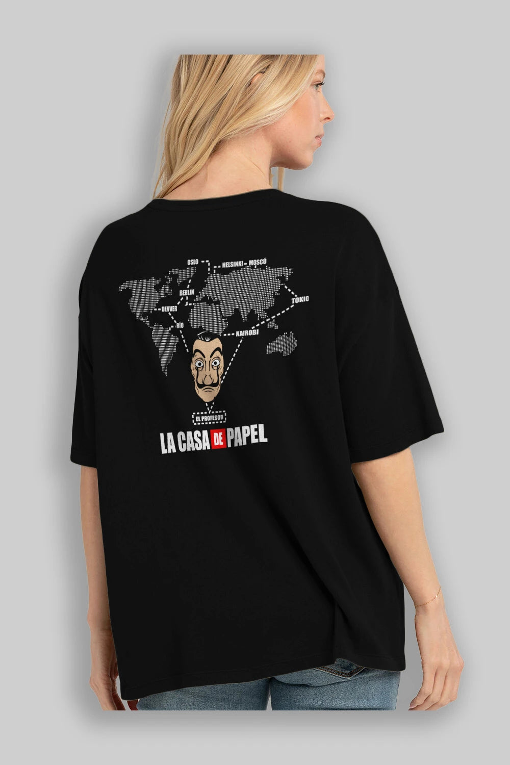 La Casa De Papel Arka Baskılı Oversize t-shirt Erkek Kadın Unisex %100 Pamuk Bisiklet Yaka tişort