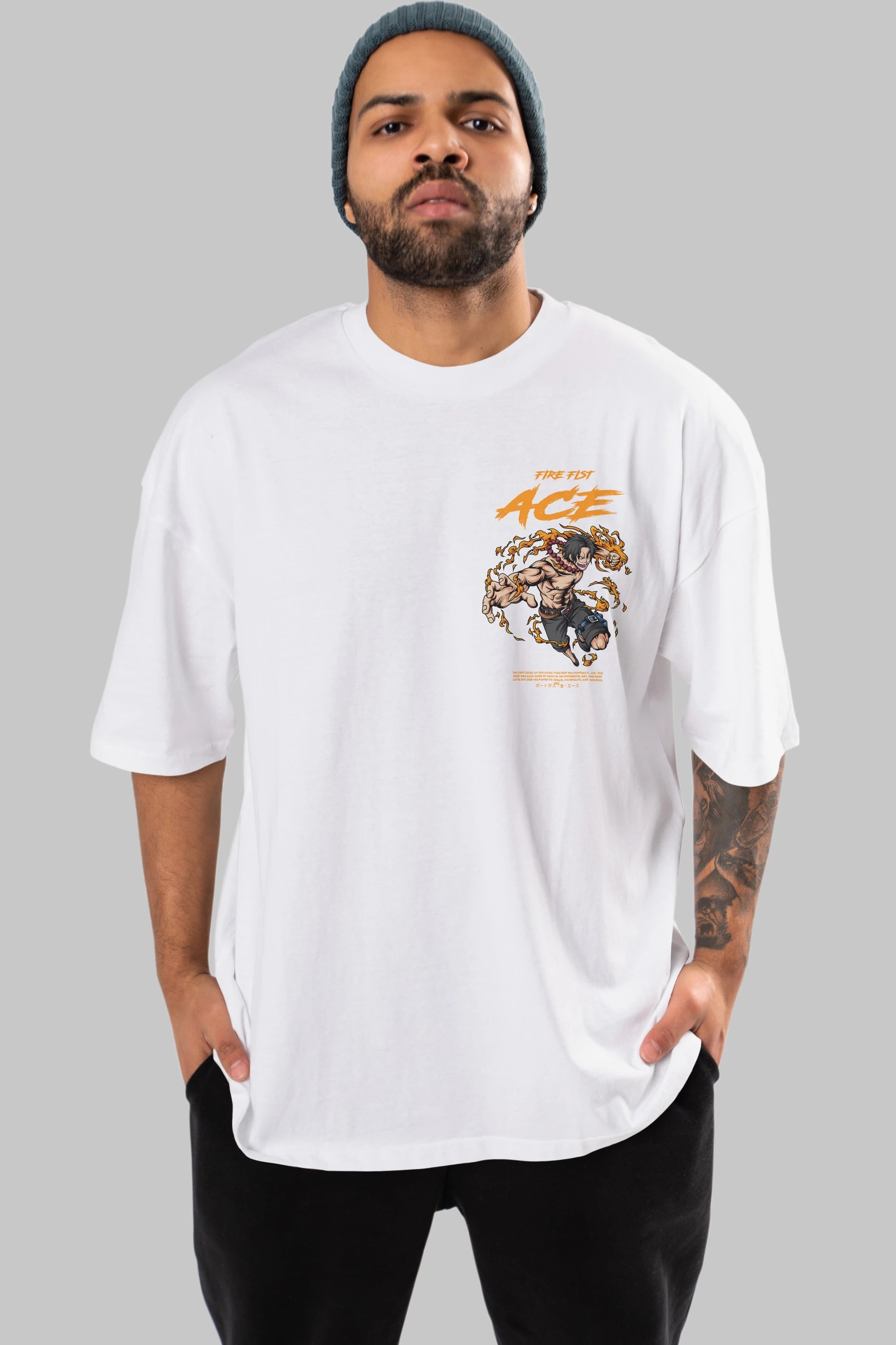Fire Fist Ace Ön Sol Baskılı Oversize t-shirt Erkek Kadın Unisex %100 Pamuk Bisiklet Yaka tişort