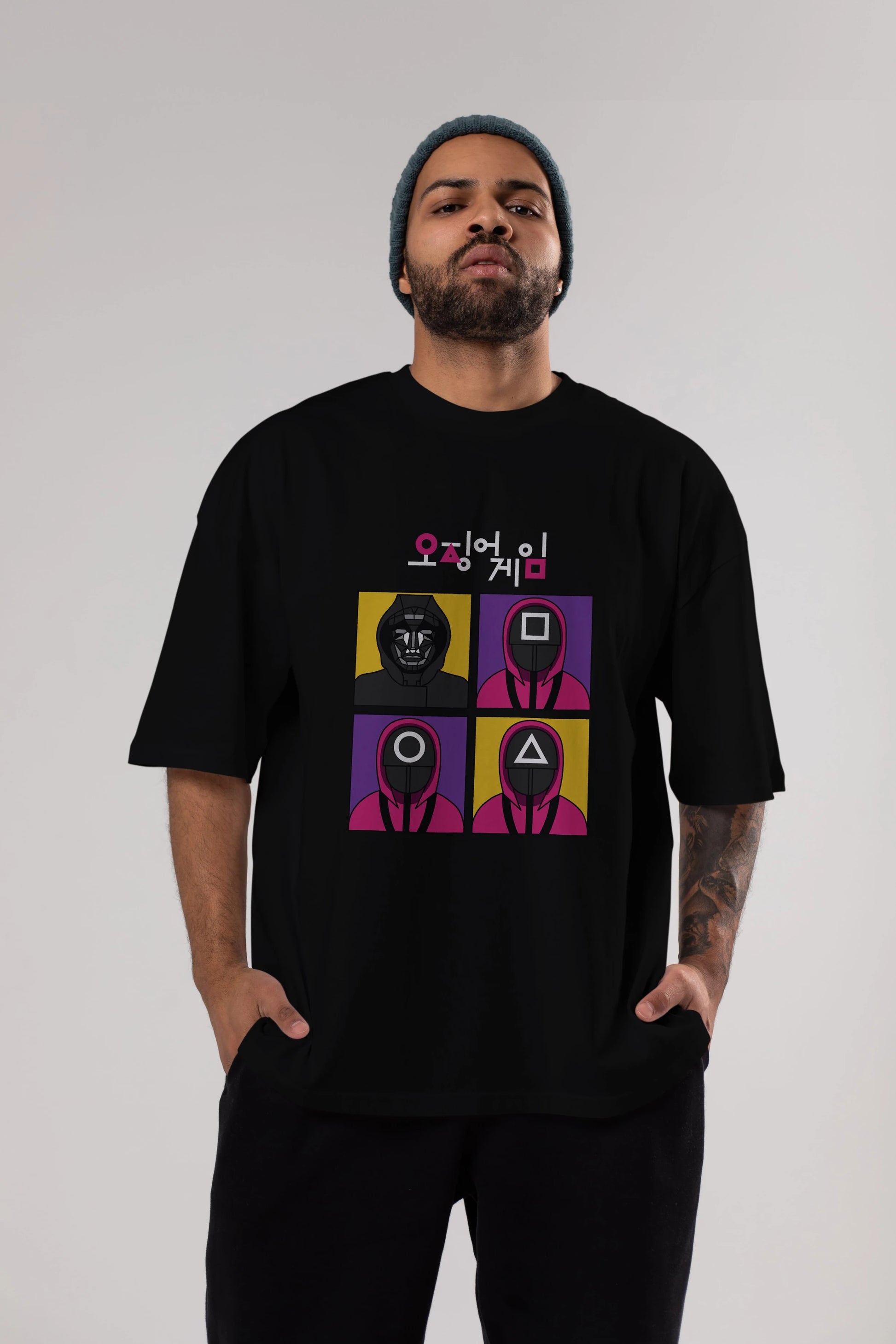 Squid Game (1) Ön Baskılı Oversize t-shirt Erkek Kadın Unisex %100 Pamuk Bisiklet Yaka tişort