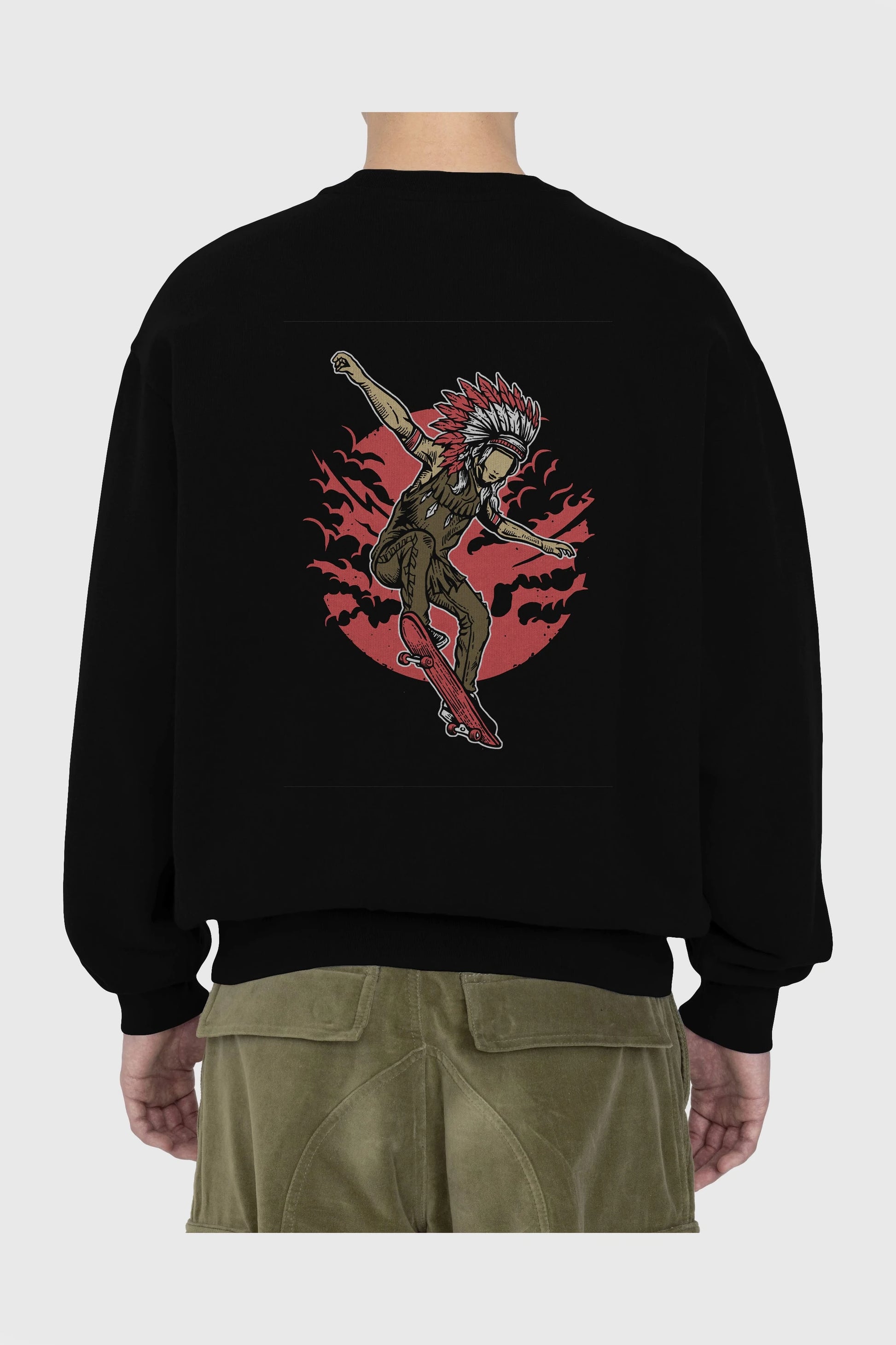 Indian Chief Skateboard Arka Baskılı Oversize Sweatshirt Erkek Kadın Unisex
