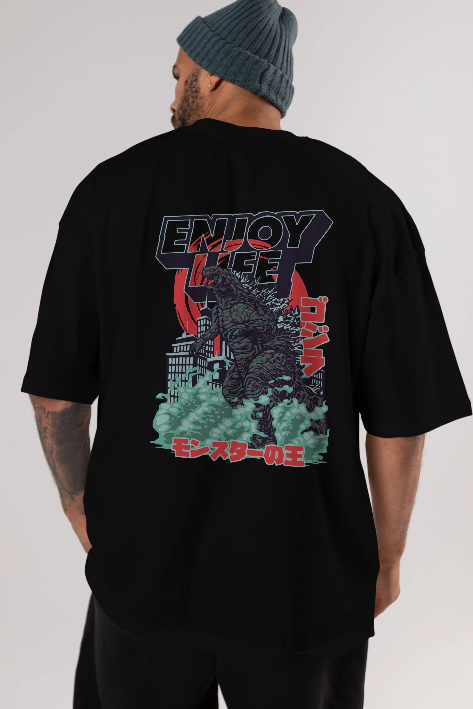 Godzilla Arka Baskılı Oversize t-shirt Erkek Kadın Unisex %100 Pamuk Bisiklet Yaka tişort