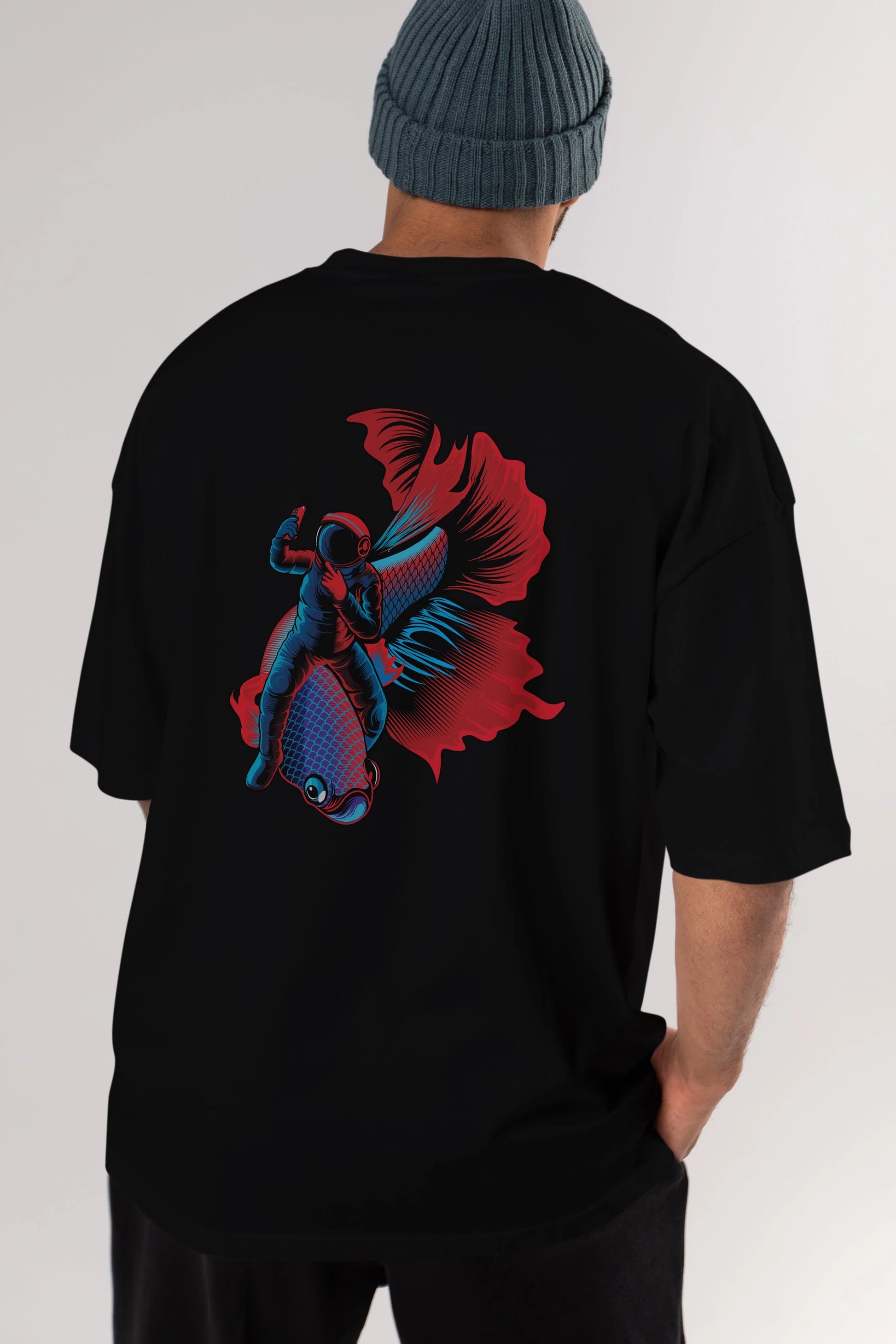 Astrofish selfie Arka Baskılı Oversize t-shirt Erkek Kadın Unisex