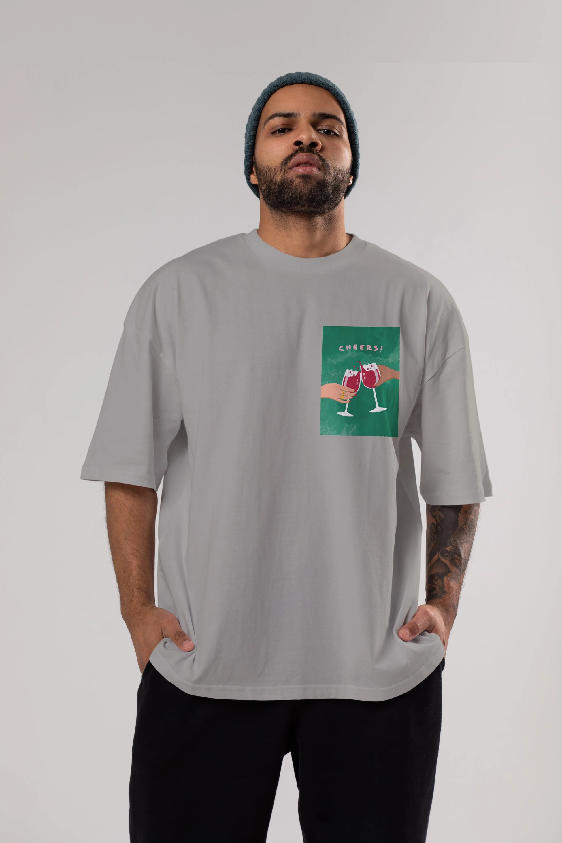 Cheers Ön Sol Baskılı Oversize t-shirt Erkek Kadın Unisex %100 Pamuk Bisiklet Yaka tişort