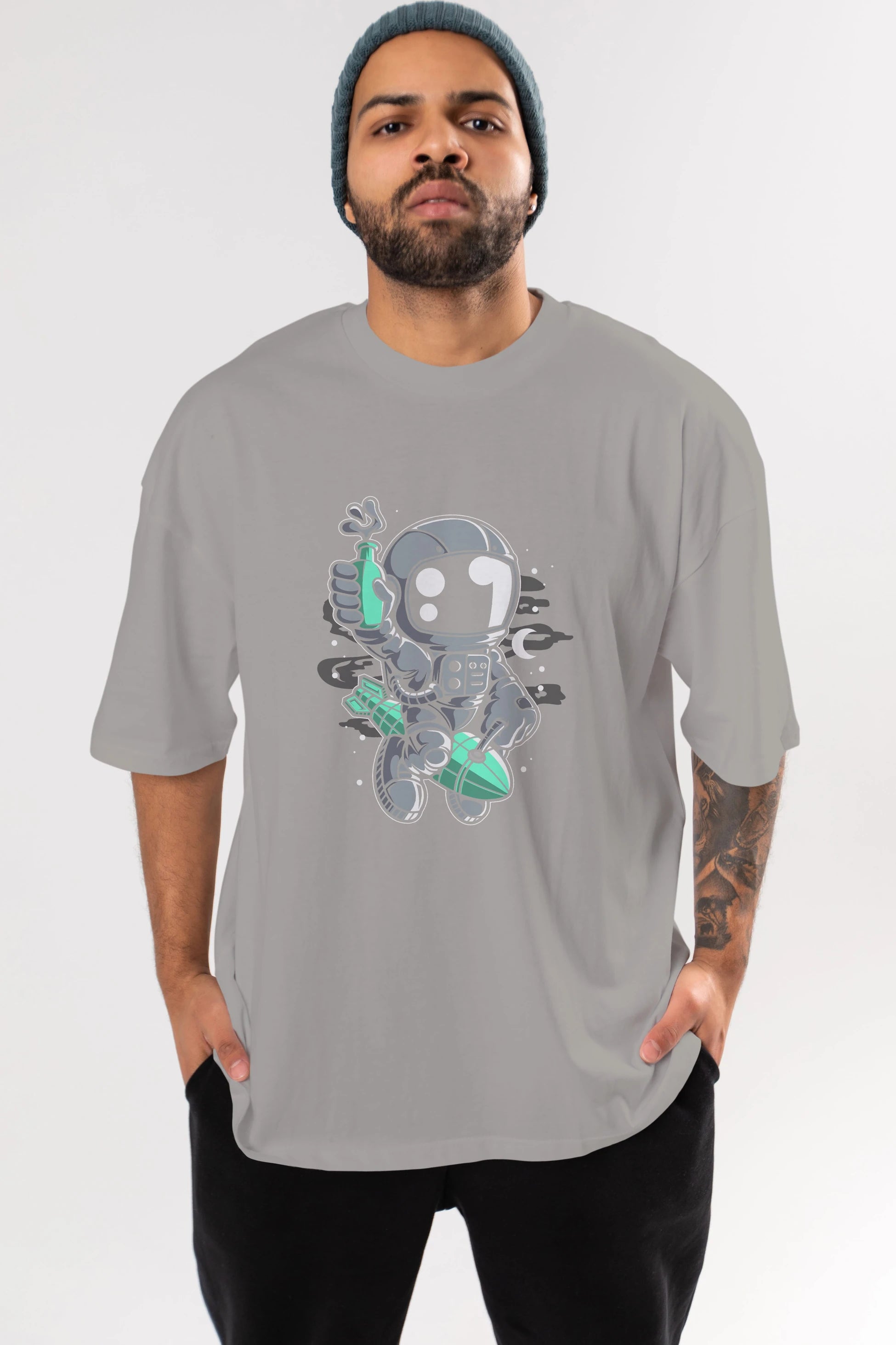 Astronaut Rocket Ön Baskılı Oversize t-shirt Erkek Kadın Unisex
