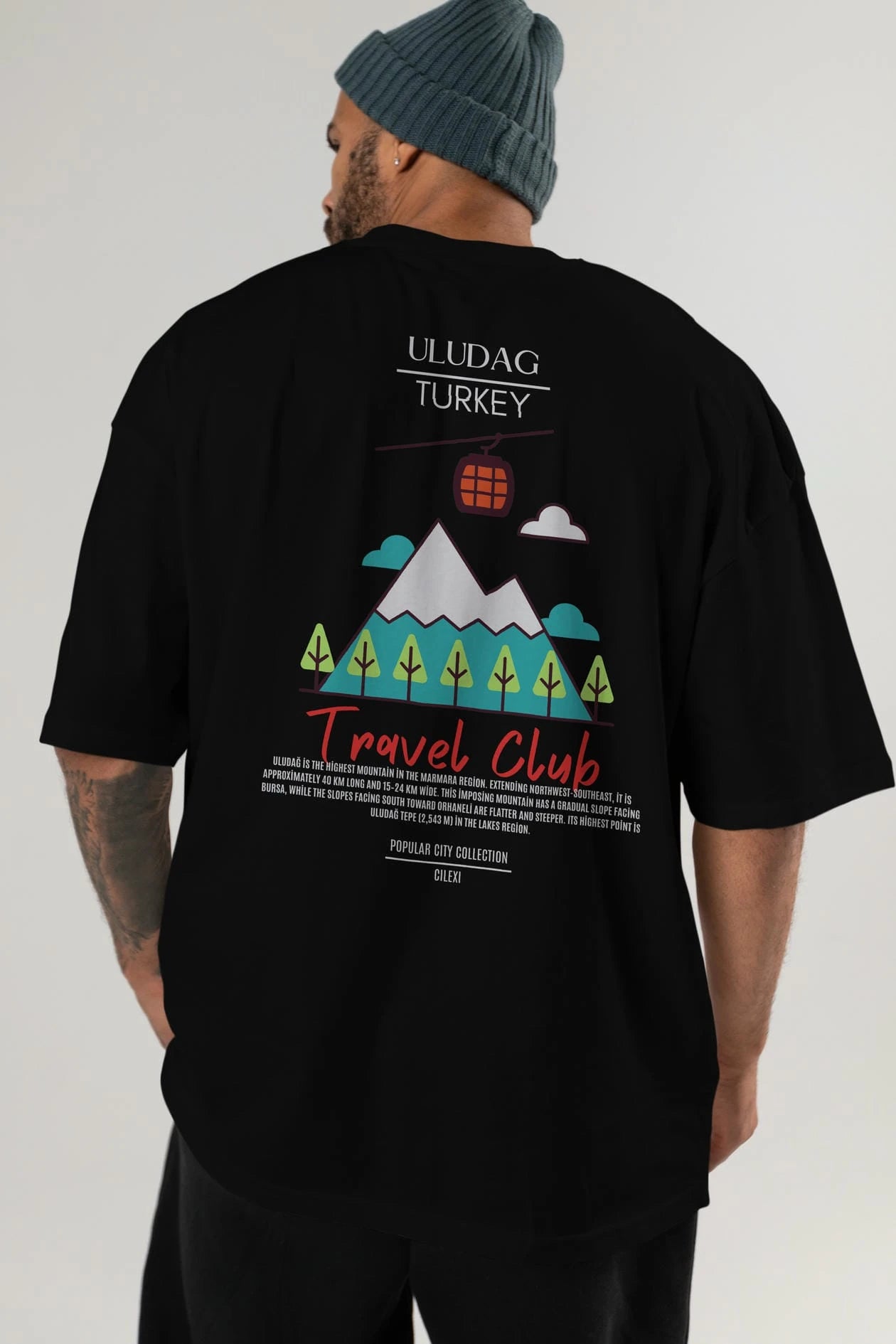 Uludağ Turkey Arka Baskılı Oversize t-shirt Erkek Kadın Pamuk Bisiklet Yaka tişort